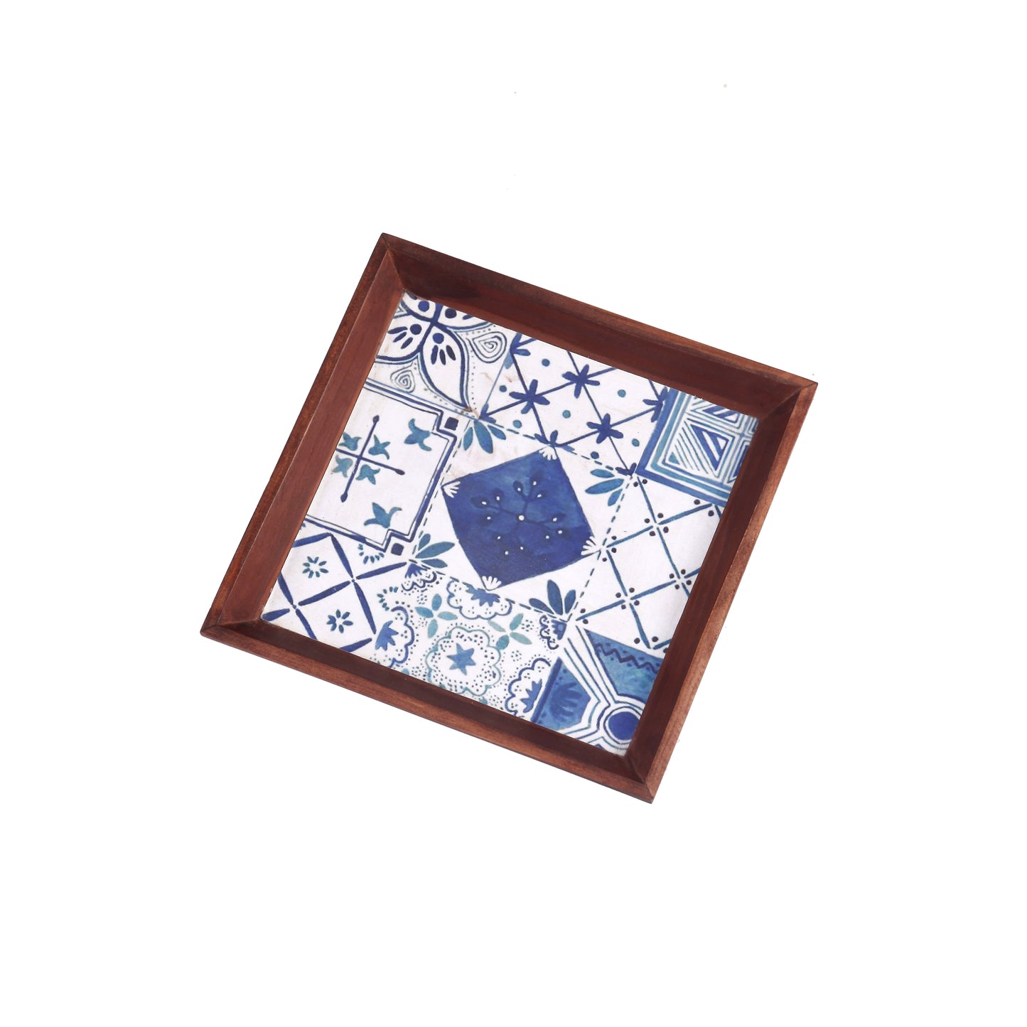 A Tiny Mistake Turkish Blue Tiles Small Square Wooden Serving Tray, 18 x 18 x 2 cm