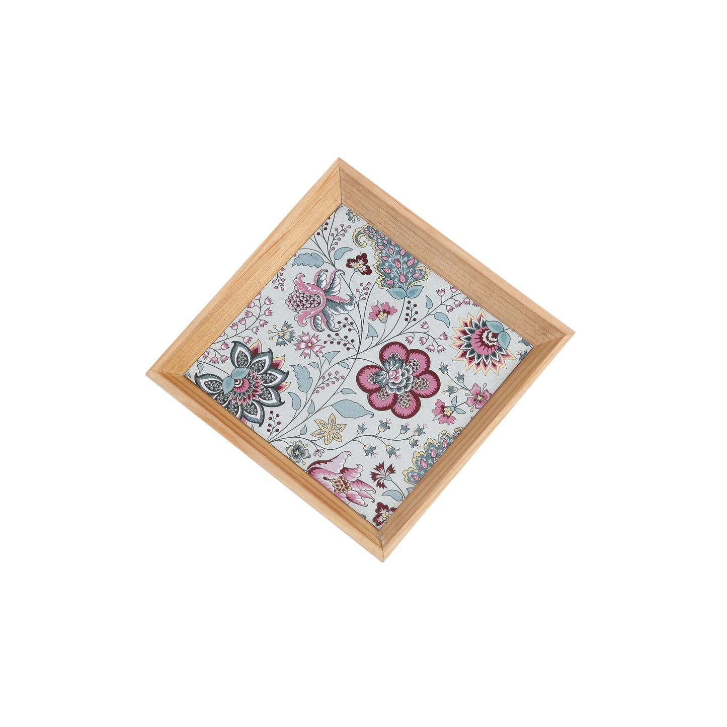 A Tiny Mistake Kalamkari Pastel Small Square Wooden Serving Tray, 18 x 18 x 2 cm