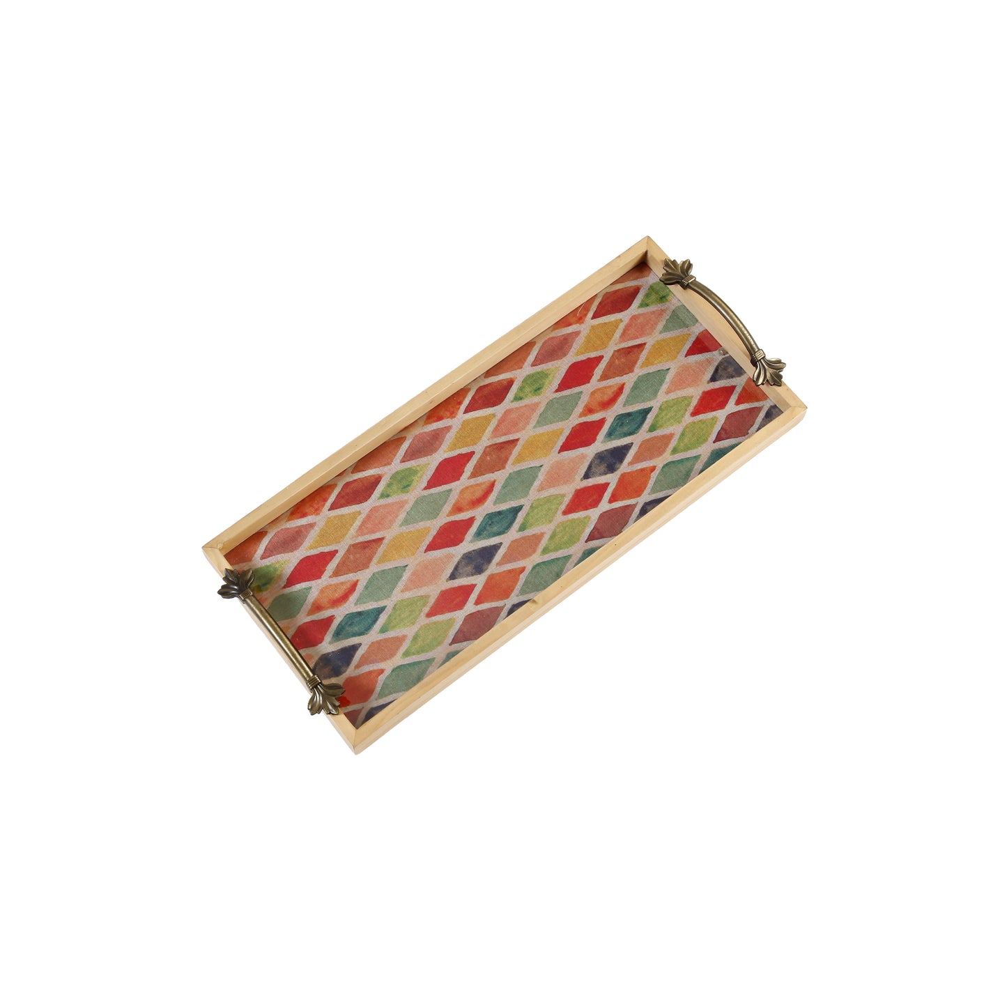 A Tiny Mistake Multicoloured Geometric Pattern Pine Tray with Handle Serving Pine Wood Tray