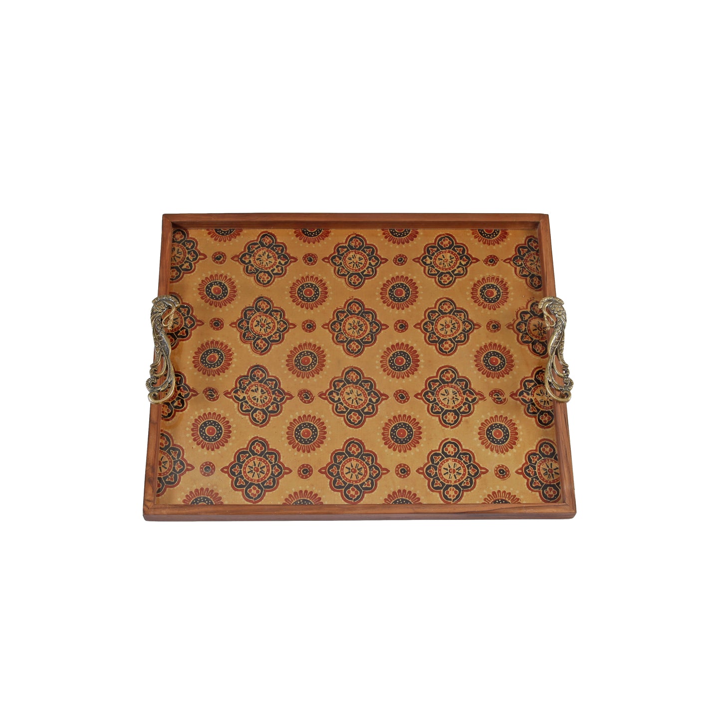 A Tiny Mistake Golden Motifs On Yellow Base Teak Tray with Brass Handle Big Serving Tray