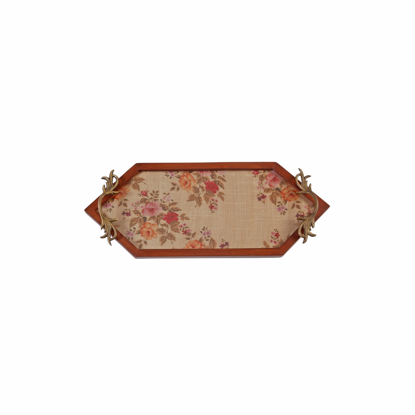 A Tiny Mistake Flowers Pattern Diamond Shaped Teak Serving Tray with Brass Handle, Tray for Serving Tea and Snacks, 49 x 20 x 2 cm