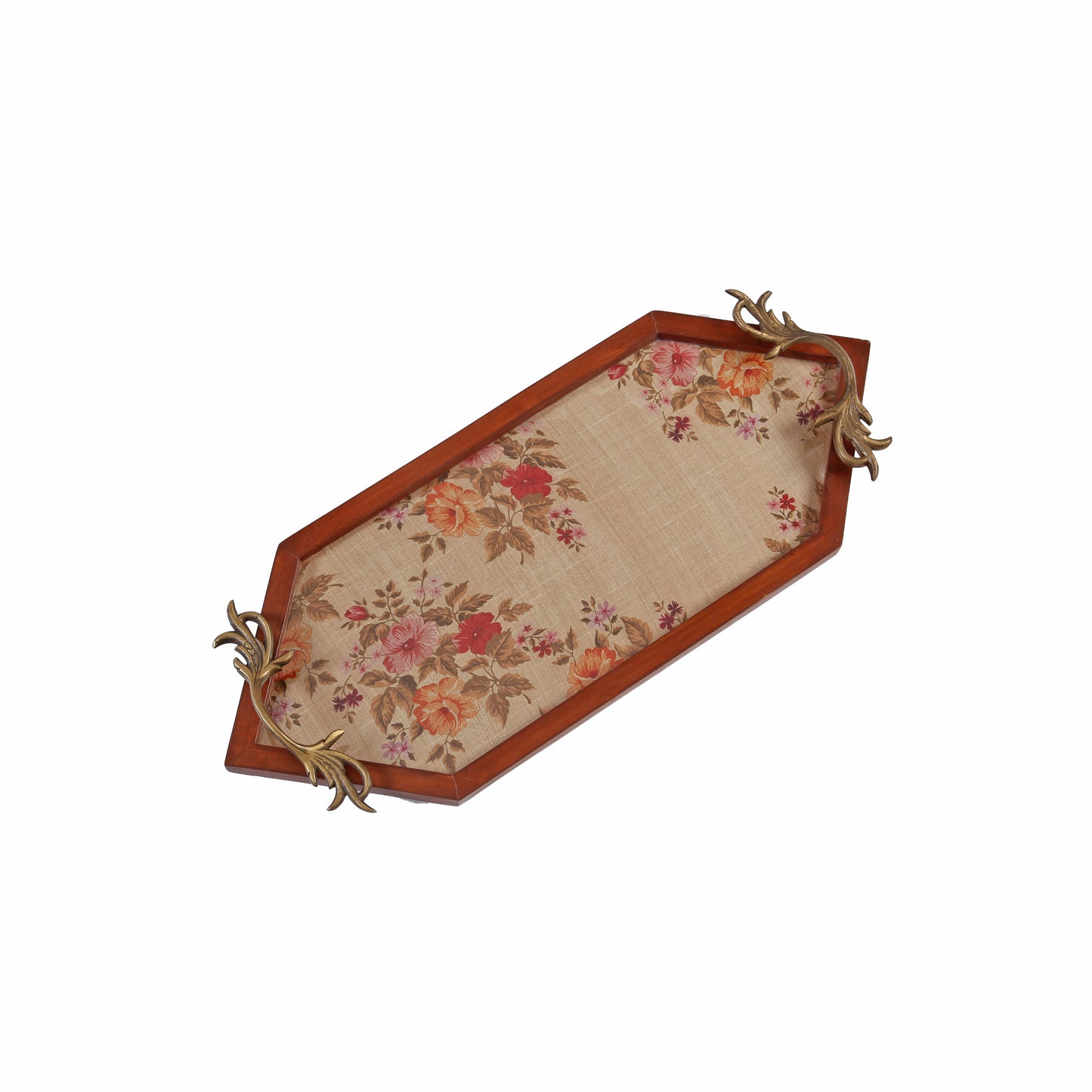 A Tiny Mistake Flowers Pattern Diamond Shaped Teak Serving Tray with Brass Handle, Tray for Serving Tea and Snacks, 49 x 20 x 2 cm