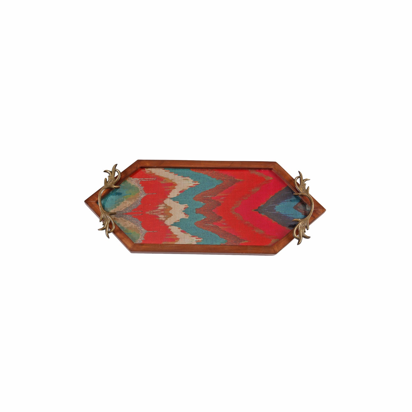 A Tiny Mistake Vibrant Ikat Print Diamond Shaped Teak Serving Tray with Brass Handle, Tray for Serving Tea and Snacks, 49 x 20 x 2 cm