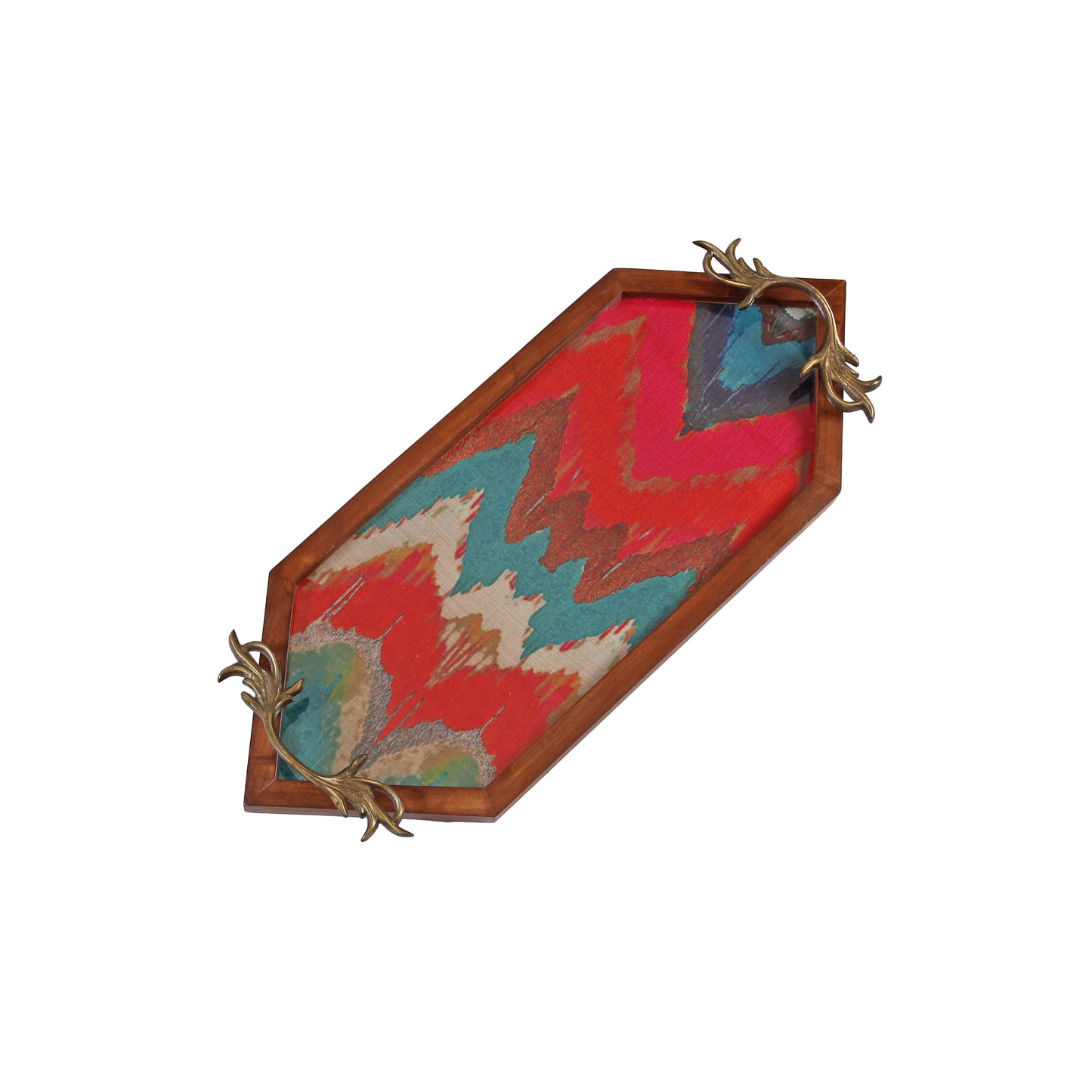 A Tiny Mistake Vibrant Ikat Print Diamond Shaped Teak Serving Tray with Brass Handle, Tray for Serving Tea and Snacks, 49 x 20 x 2 cm