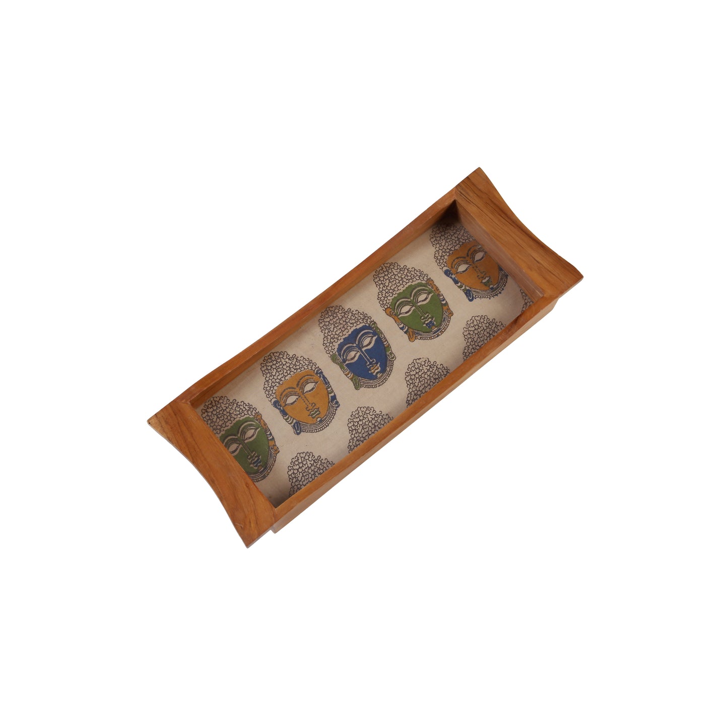 A Tiny Mistake Colourful Buddha Faces on Cream Base Boat Shaped Teak Serving Tray, Tray for Serving Tea and Snacks, 35 x 15 x 4 cm