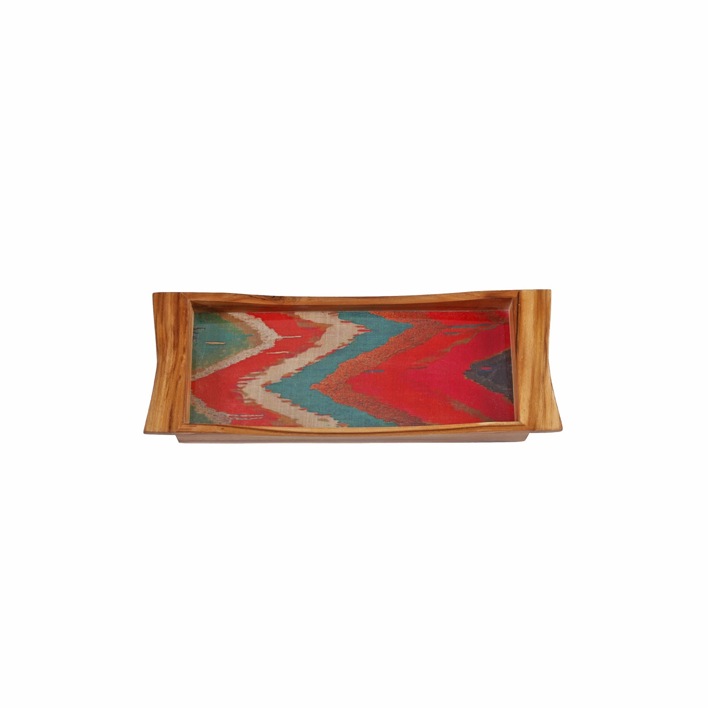 A Tiny Mistake Vibrant Ikat Print Boat Shaped Teak Serving Tray, Tray for Serving Tea and Snacks, 35 x 15 x 4 cm