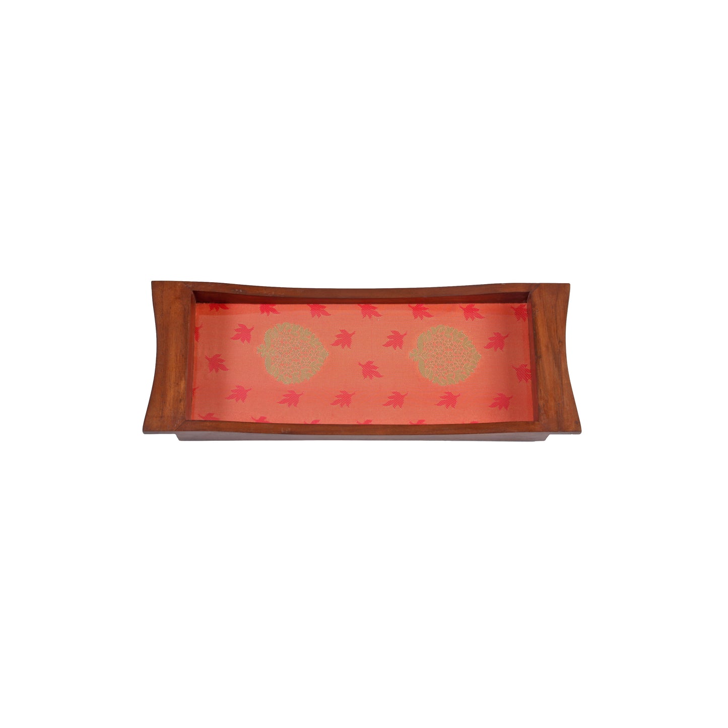 A Tiny Mistake Elegant Orange Brocade Boat Shaped Teak Serving Tray, Tray for Serving Tea and Snacks, 35 x 15 x 4 cm