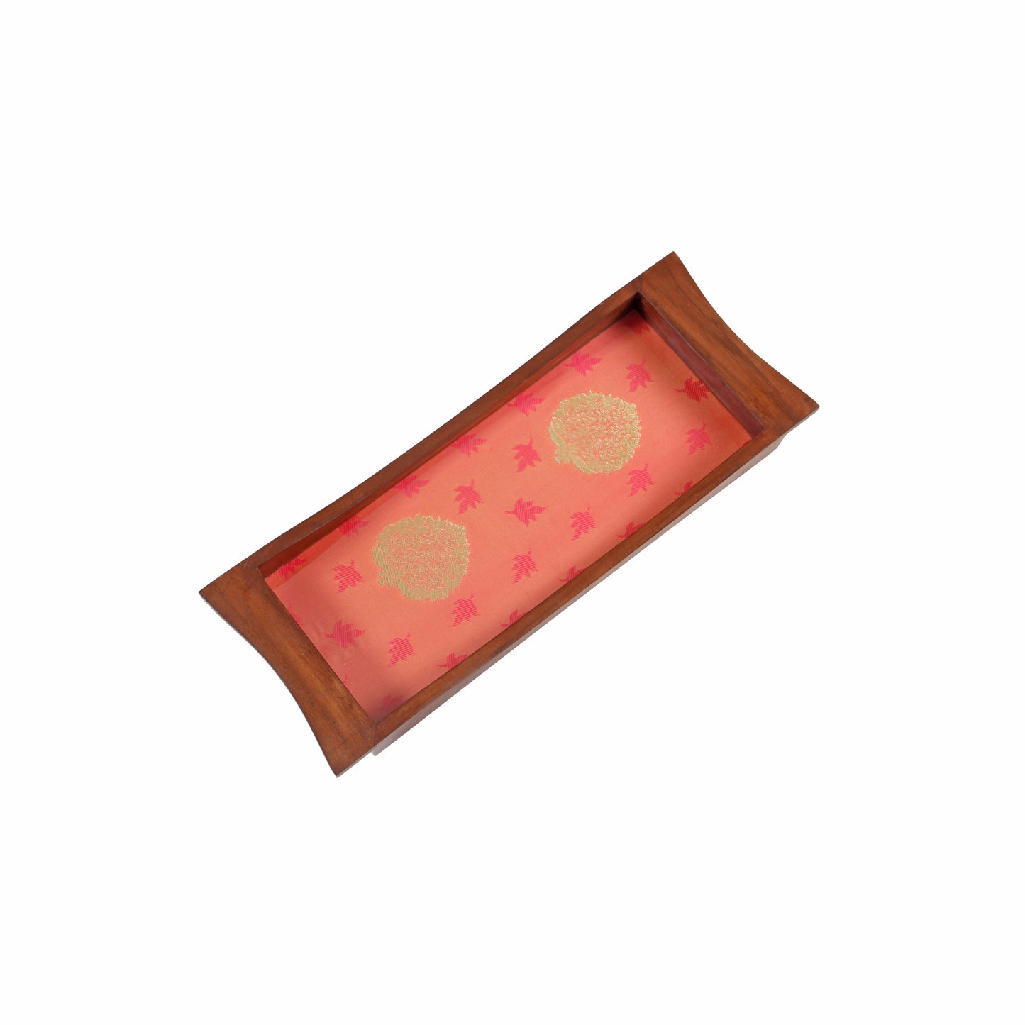 A Tiny Mistake Elegant Orange Brocade Boat Shaped Teak Serving Tray, Tray for Serving Tea and Snacks, 35 x 15 x 4 cm