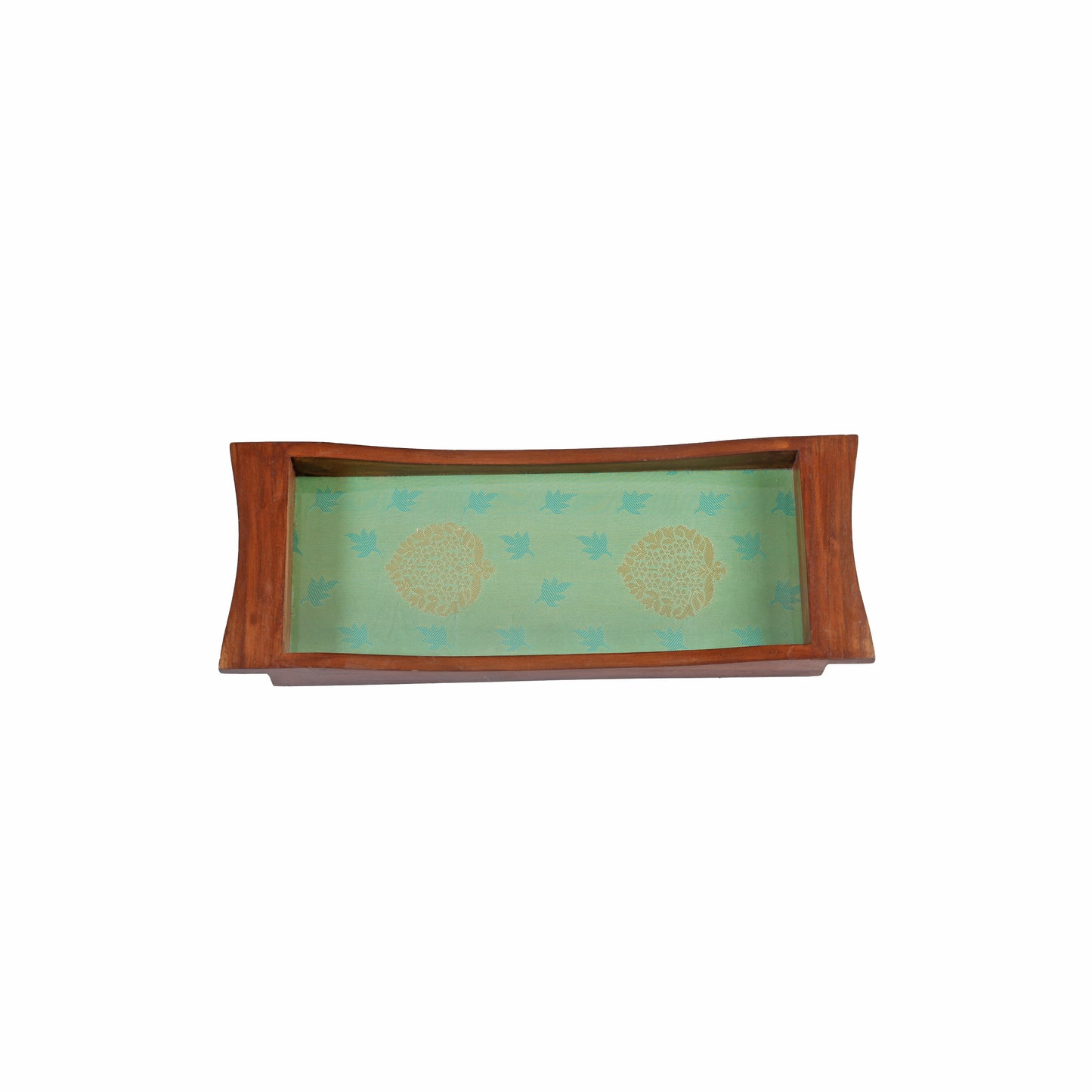 A Tiny Mistake Elegant Green Brocade Boat Shaped Teak Serving Tray, Tray for Serving Tea and Snacks, 35 x 15 x 4 cm