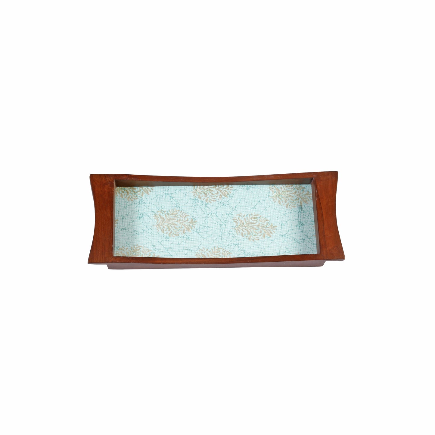 A Tiny Mistake Golden Motifs Pastel Blue Base Boat Shaped Teak Serving Tray, Tray for Serving Tea and Snacks, 35 x 15 x 4 cm