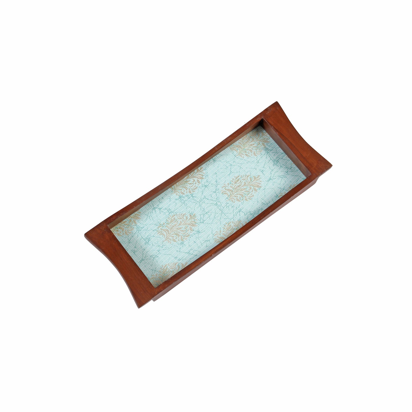 A Tiny Mistake Golden Motifs Pastel Blue Base Boat Shaped Teak Serving Tray, Tray for Serving Tea and Snacks, 35 x 15 x 4 cm