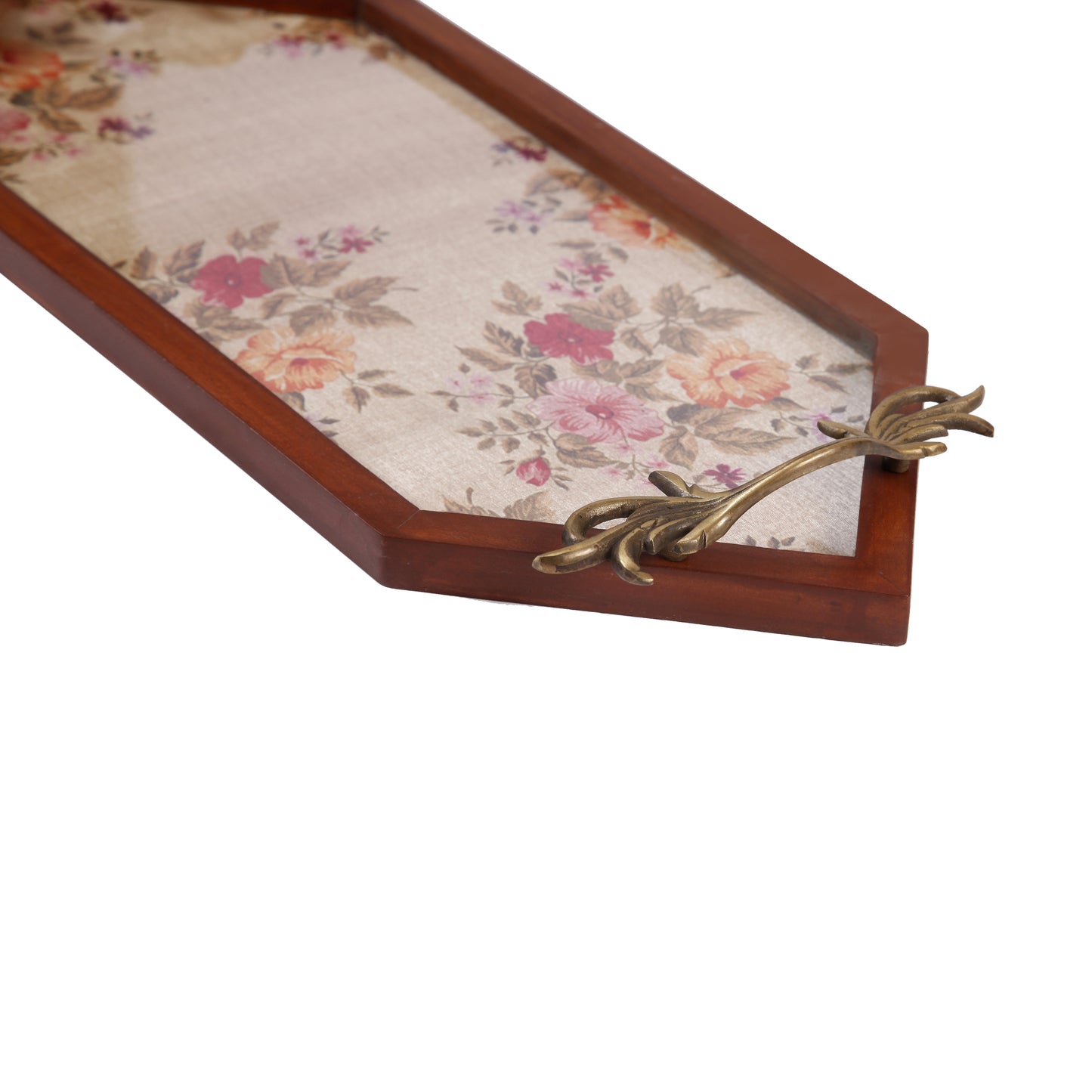 A Tiny Mistake Flowers Pattern Diamond Shaped Teak Serving Tray with Brass Handle, Tray for Serving Tea and Snacks, 49 x 20 x 2 cm
