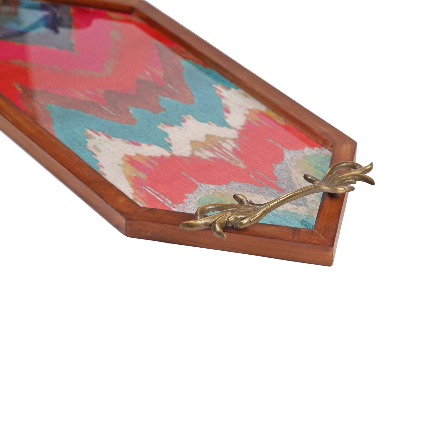 A Tiny Mistake Vibrant Ikat Print Diamond Shaped Teak Serving Tray with Brass Handle, Tray for Serving Tea and Snacks, 49 x 20 x 2 cm