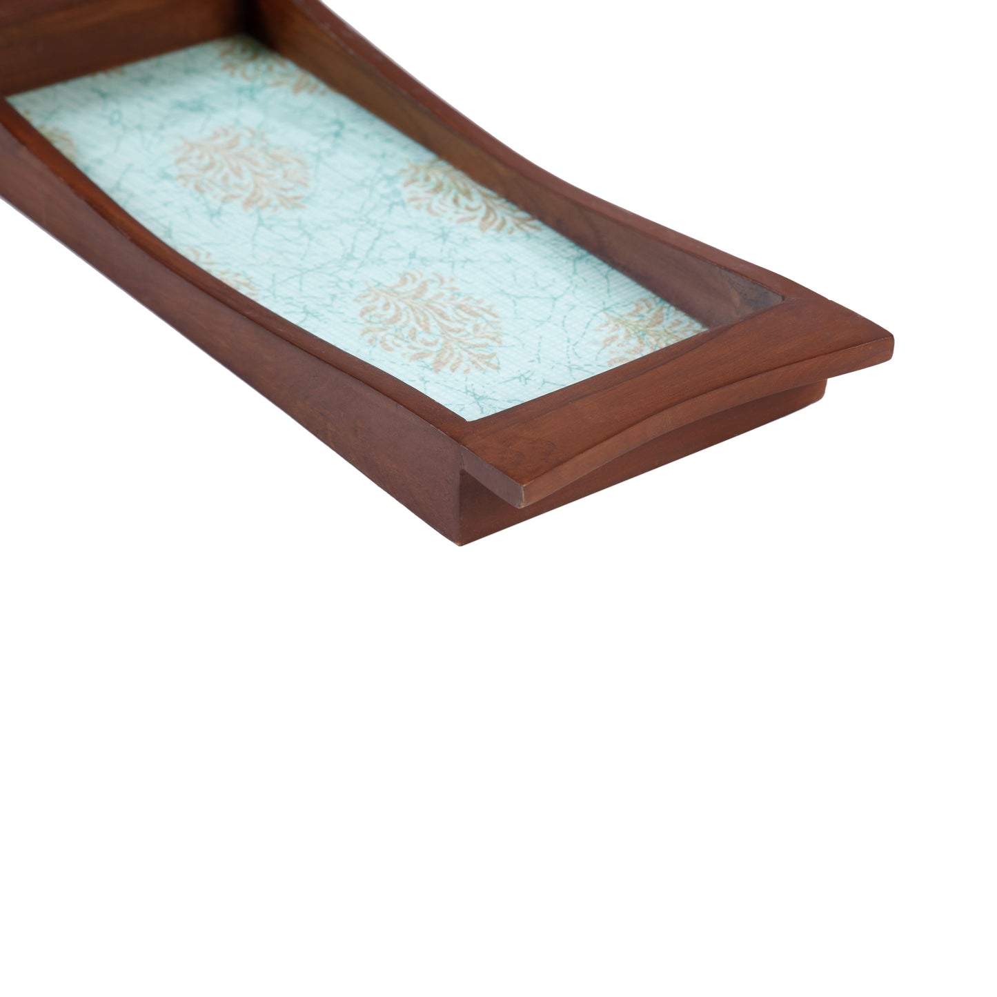 A Tiny Mistake Golden Motifs Pastel Blue Base Boat Shaped Teak Serving Tray, Tray for Serving Tea and Snacks, 35 x 15 x 4 cm