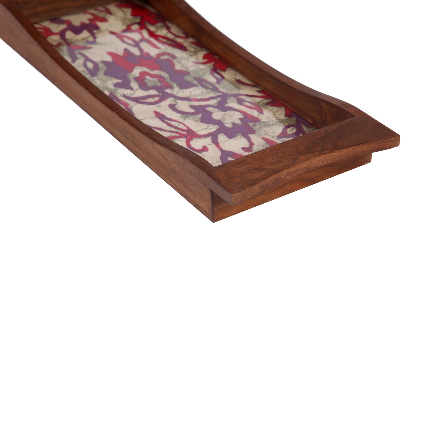 A Tiny Mistake Purple and Pink Floral Pattern Boat Shaped Teak Serving Tray, Tray for Serving Tea and Snacks, 35 x 15 x 4 cm