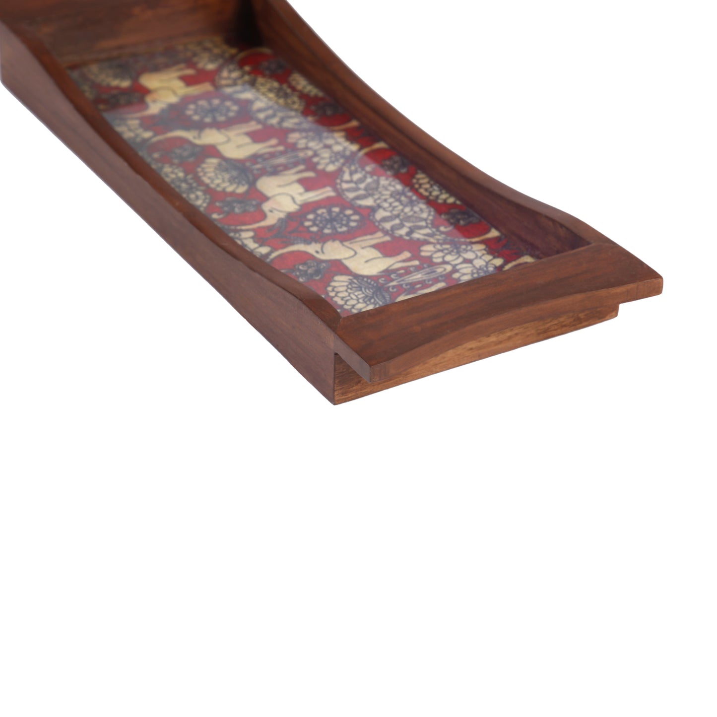 A Tiny Mistake Elephant Pattern on Maroon Base Boat Shaped Teak Serving Tray, Tray for Serving Tea and Snacks, 35 x 15 x 4 cm