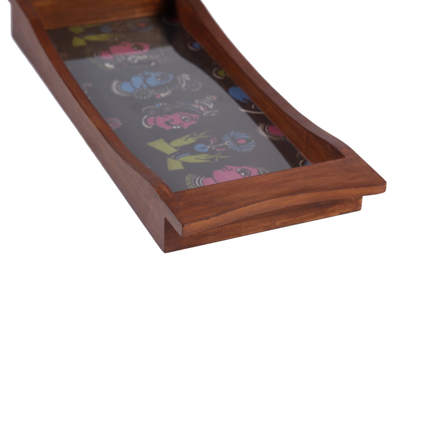 A Tiny Mistake Colourful Kalamkari Faces on Black Base Boat Shaped Teak Serving Tray, Tray for Serving Tea and Snacks, 35 x 15 x 4 cm