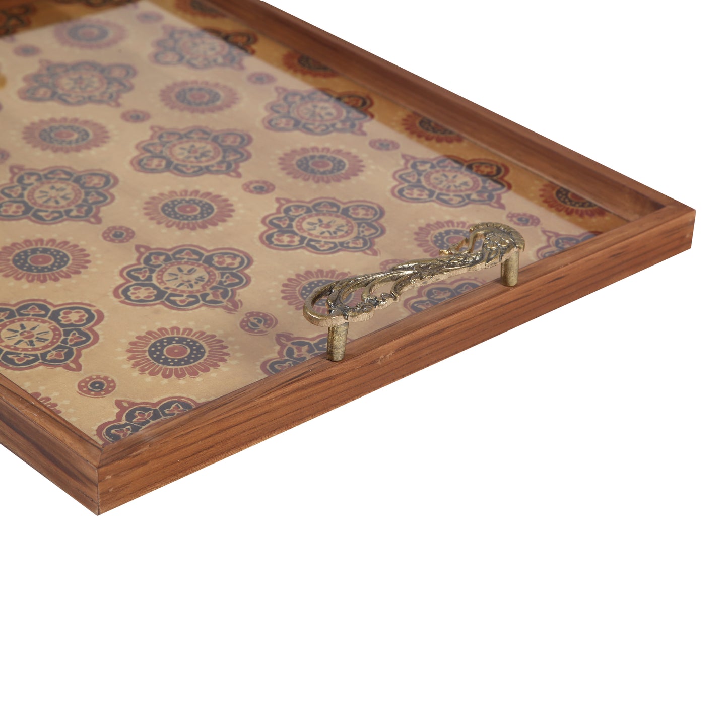 A Tiny Mistake Golden Motifs On Yellow Base Teak Tray with Brass Handle Big Serving Tray