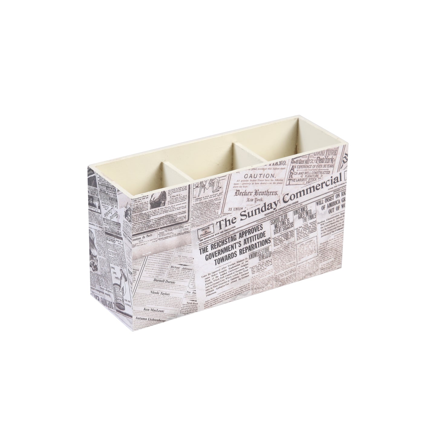 A Tiny Mistake Vintage Newspaper Wooden Cutlery Holder, 18 x 10 x 6.5 cm