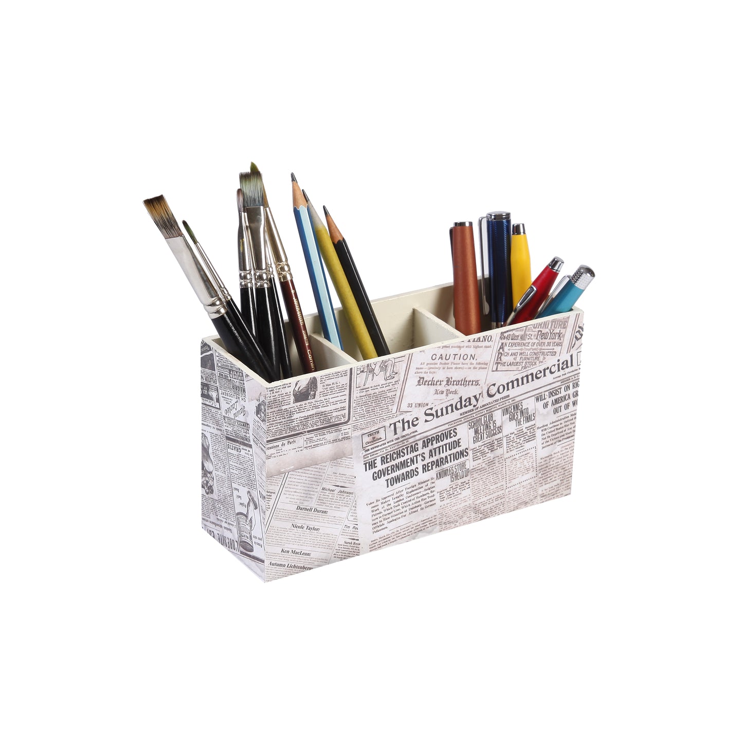 A Tiny Mistake Vintage Newspaper Wooden Cutlery Holder, 18 x 10 x 6.5 cm