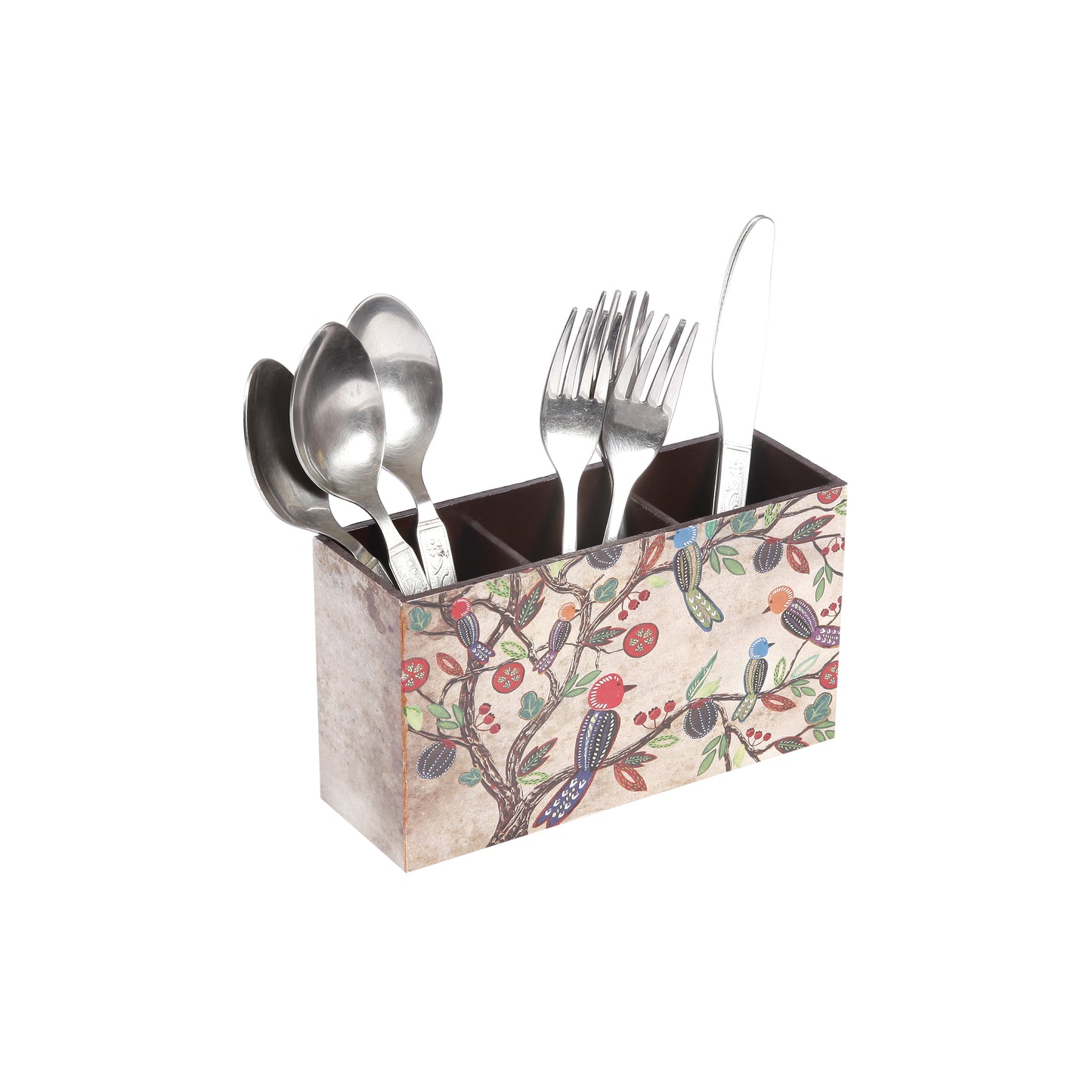 A Tiny Mistake Vintage Birds Wooden Cutlery Holder, 18 x 10 x 6.5 cm