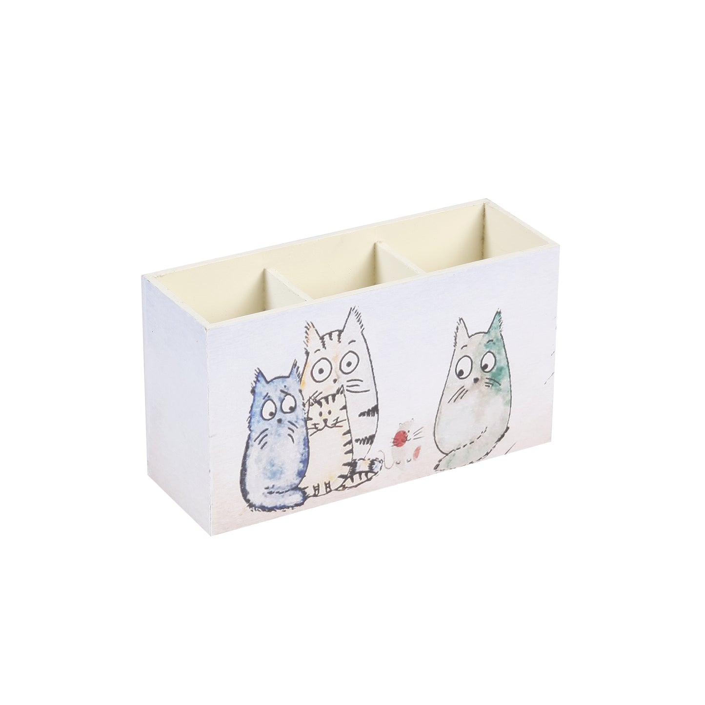 A Tiny Mistake Happy Cats Wooden Cutlery Holder, 18 x 10 x 6.5 cm