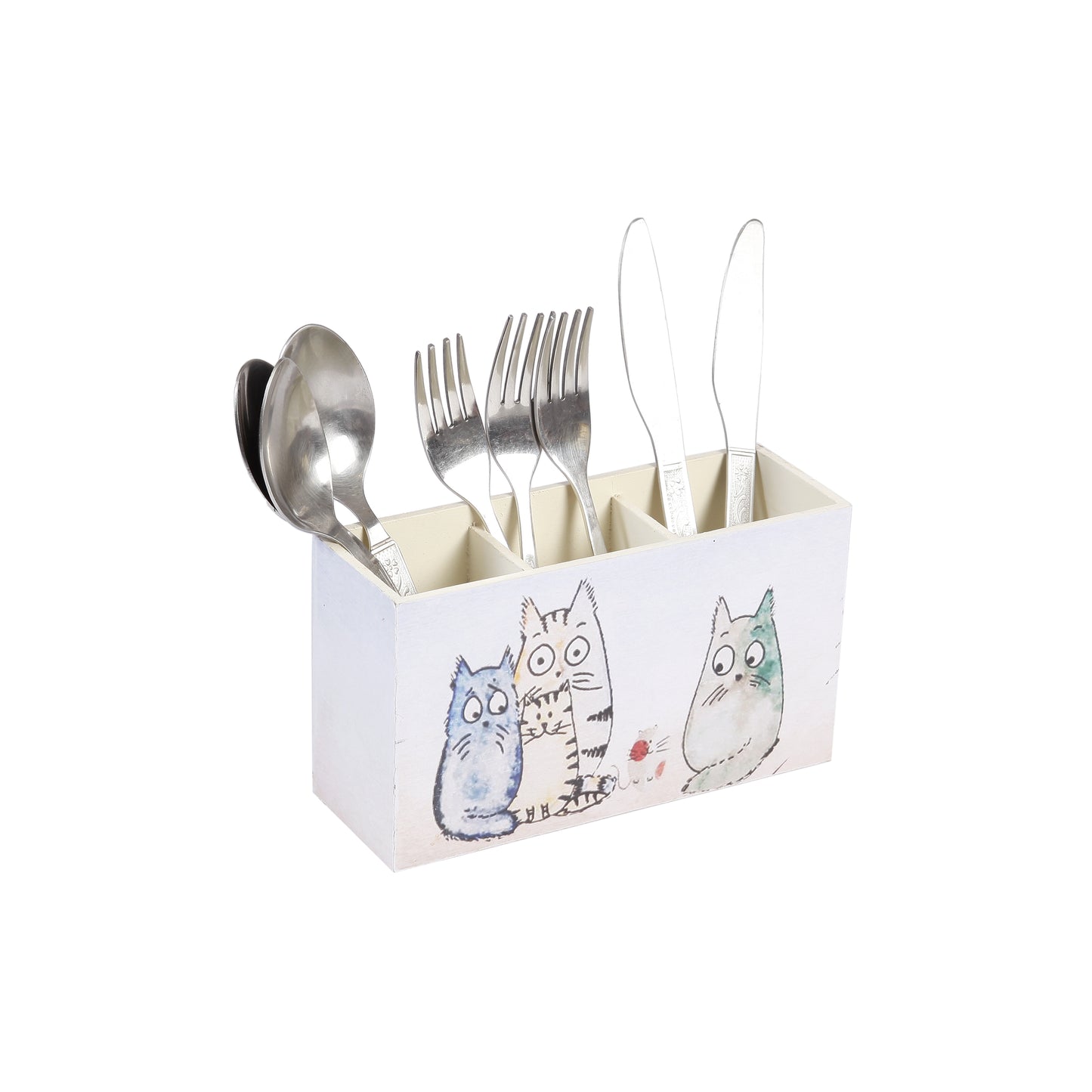 A Tiny Mistake Happy Cats Wooden Cutlery Holder, 18 x 10 x 6.5 cm