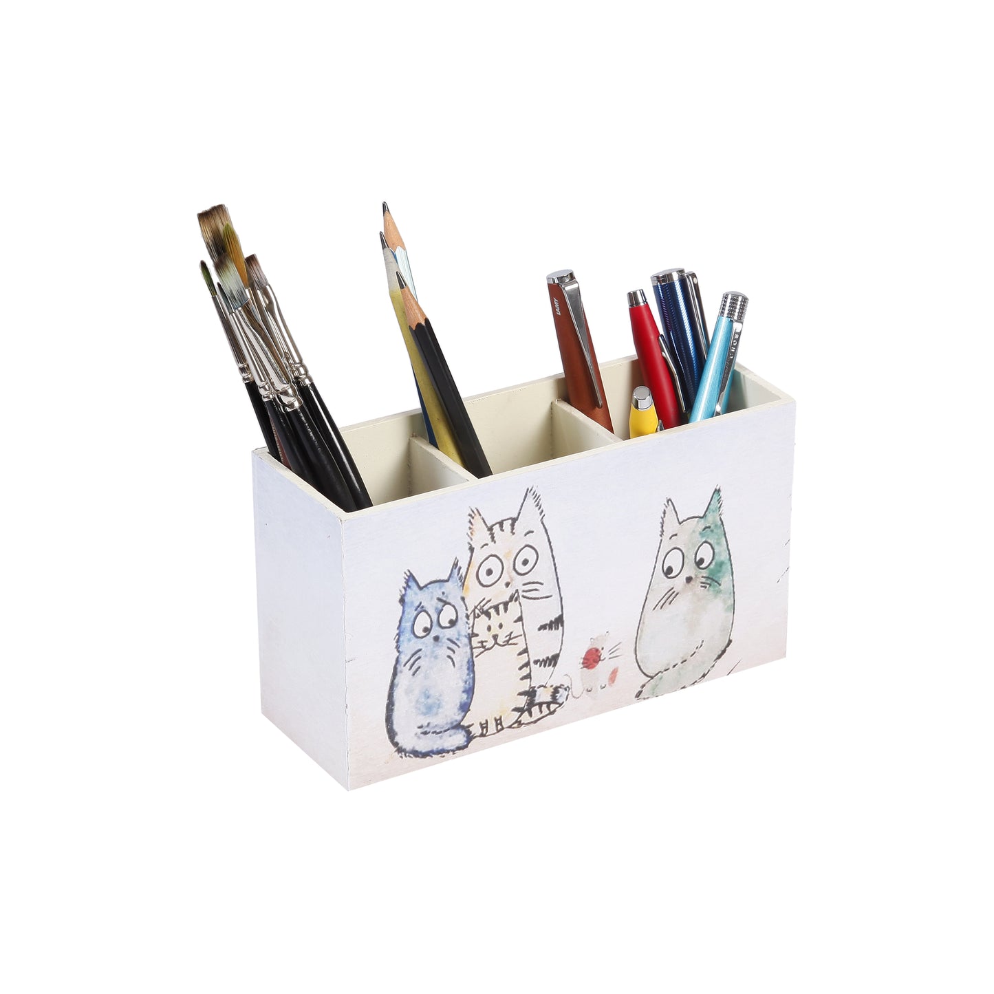 A Tiny Mistake Happy Cats Wooden Cutlery Holder, 18 x 10 x 6.5 cm