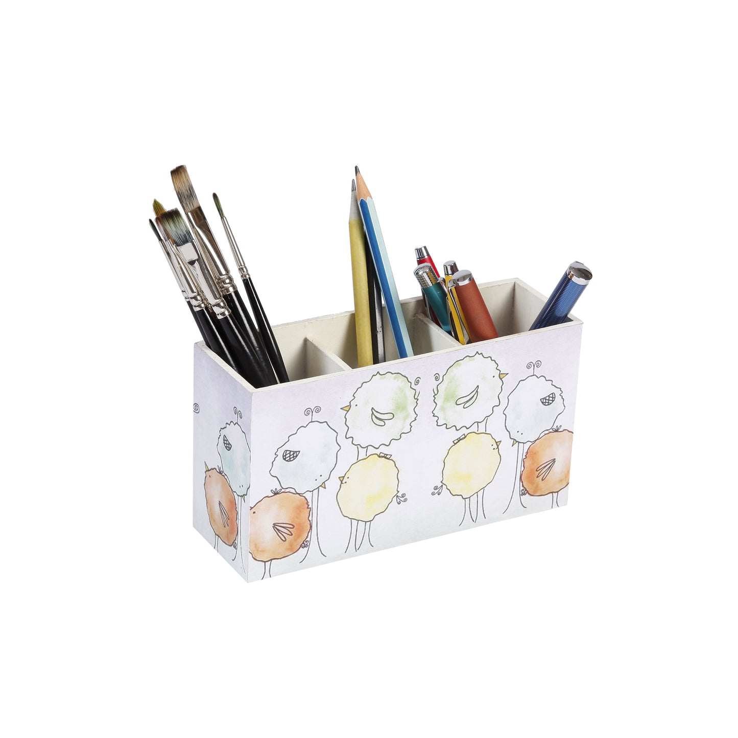 A Tiny Mistake Floral Caricature Birds Wooden Cutlery Holder, 18 x 10 x 6.5 cm