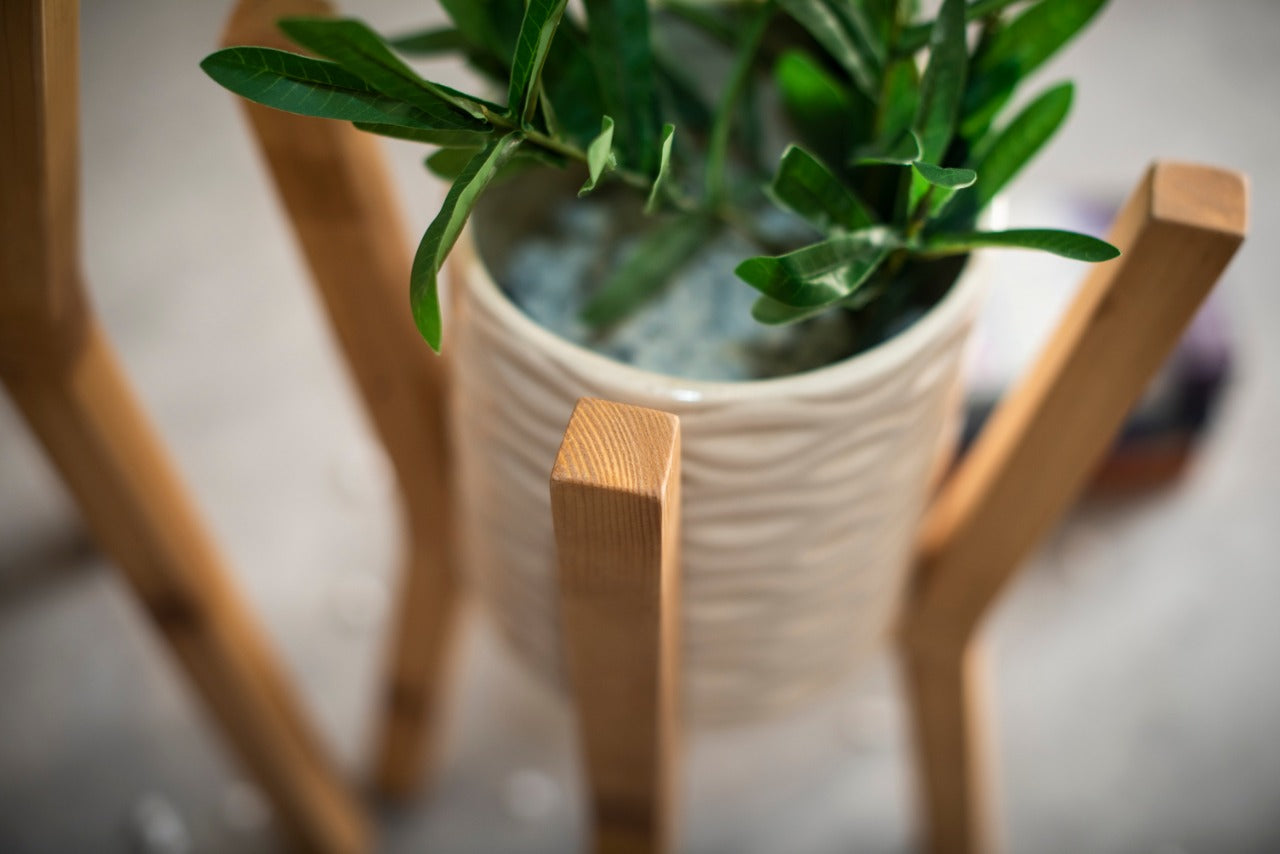 Three Wooden Planter Stands with Ceramic Pots