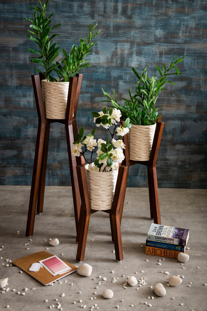 wooden plant pot stand indoor A Tiny Mistake Three Part Wooden Planter Stand Dark Finish with White Ceramic Pots