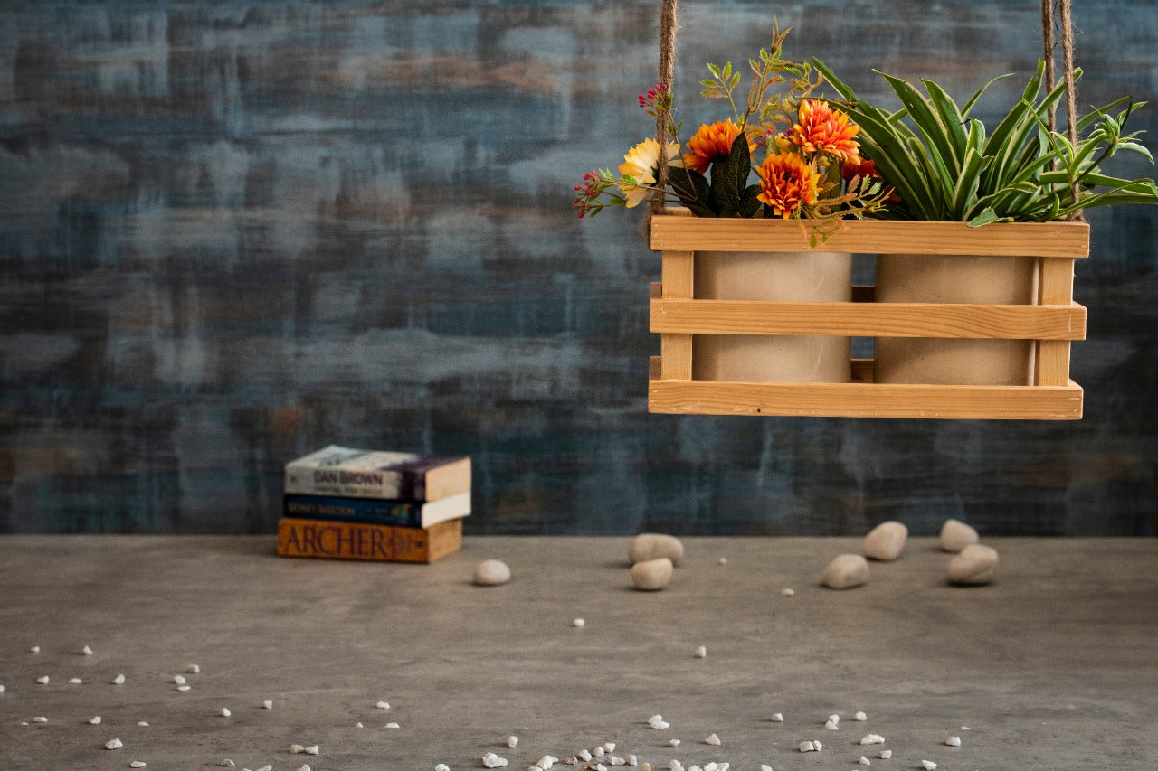 Hanging Wooden Planters with Ceramic Pots