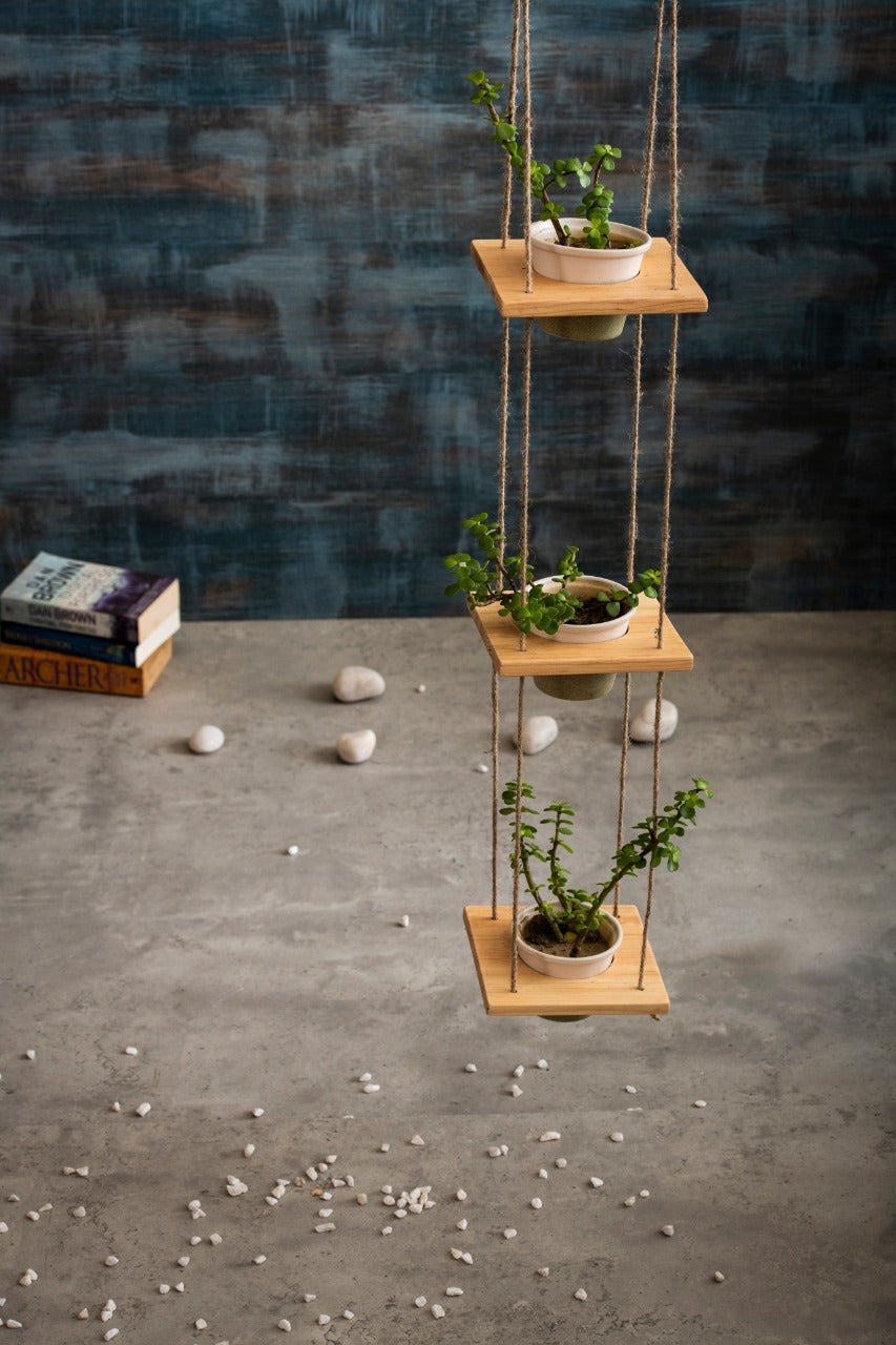 Hanging Wooden Planters with Ceramic Pots