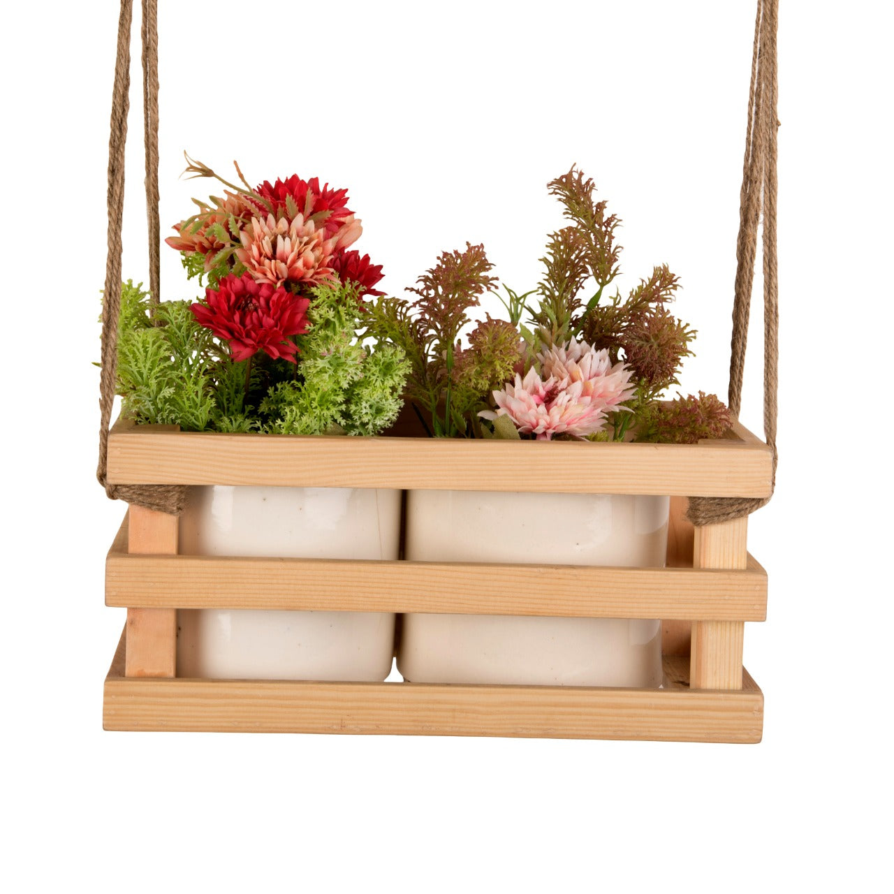 Hanging Wooden Planters with Ceramic Pots