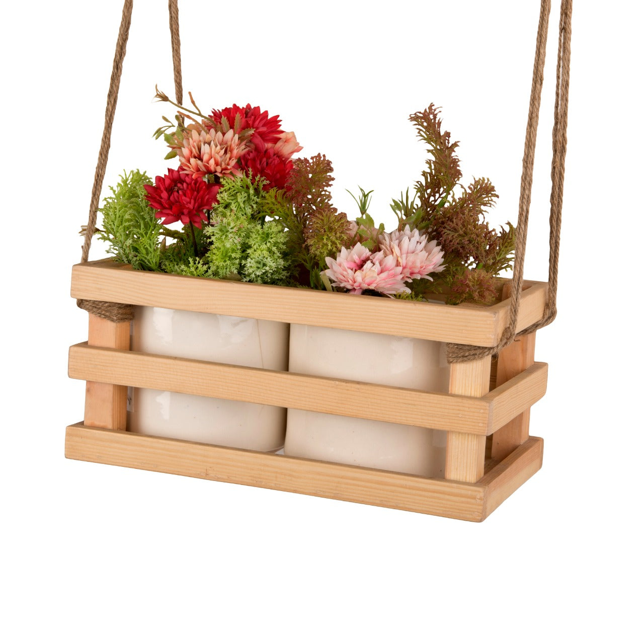 Hanging Wooden Planters with Ceramic Pots