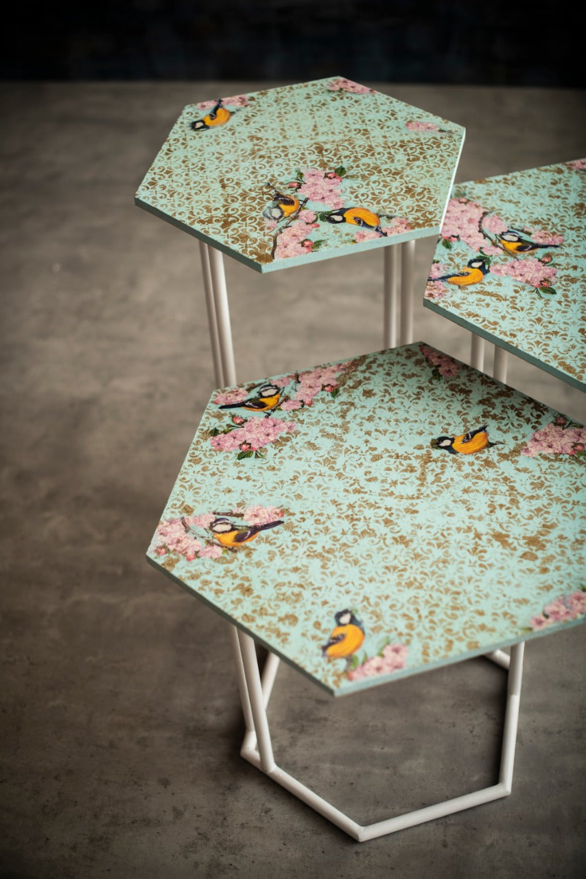 A Tiny Mistake Blue Birds Hex Table (Set of 3)