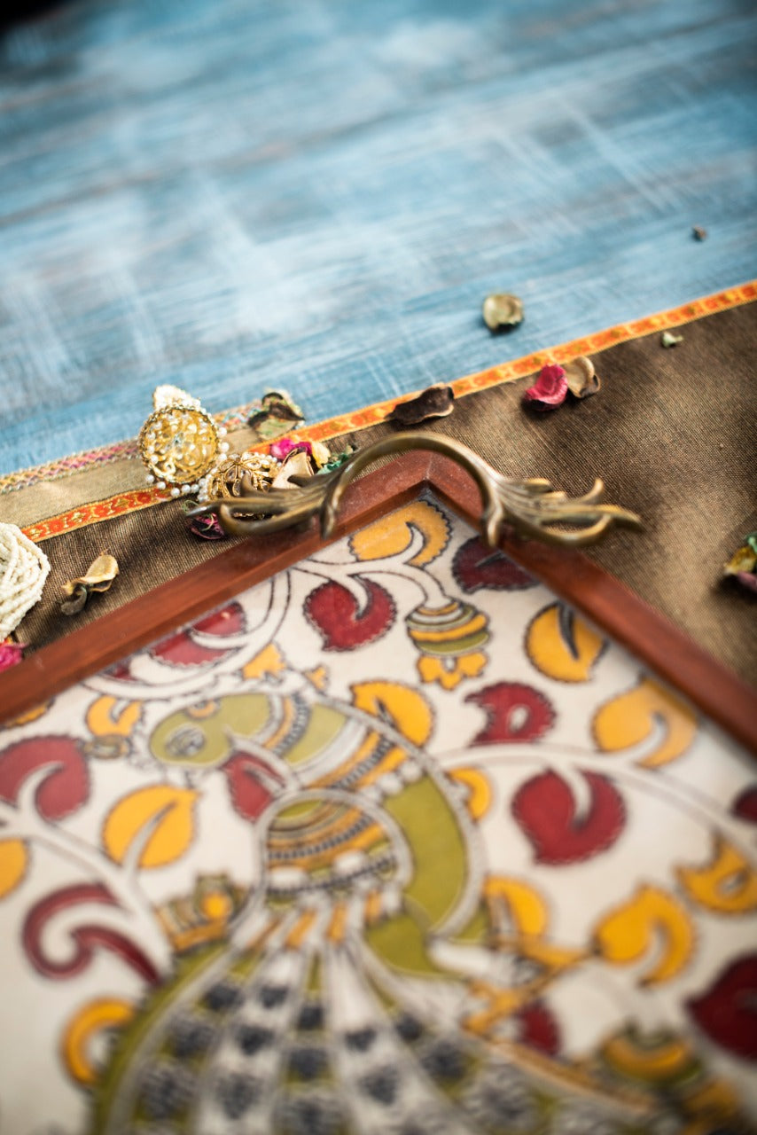 A Tiny Mistake Kalamkari Peacock on a Flower Branch Square Tray with Brass Handle Serving Tray