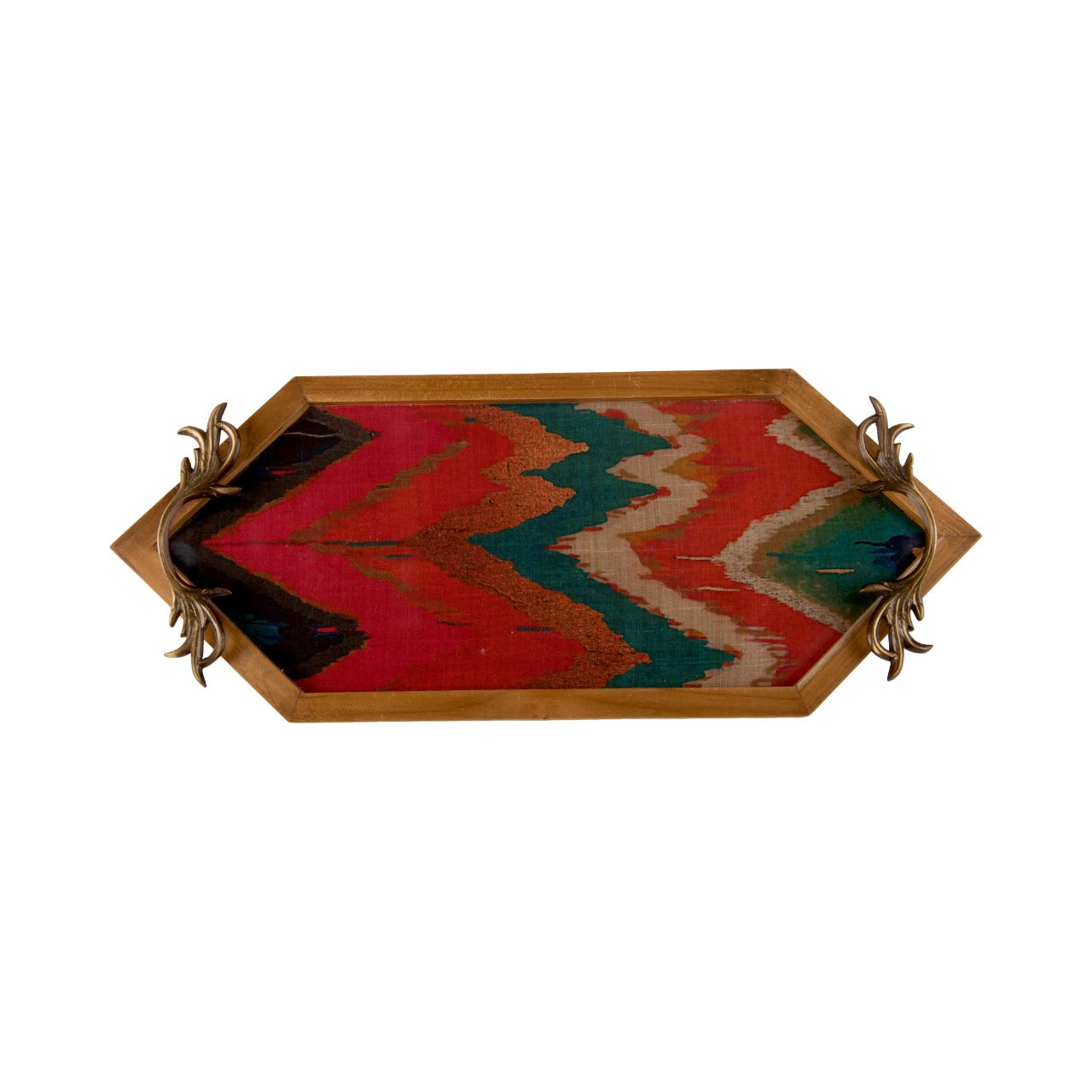 A Tiny Mistake Vibrant Ikat Print Diamond Shaped Teak Serving Tray with Brass Handle, Tray for Serving Tea and Snacks, 49 x 20 x 2 cm