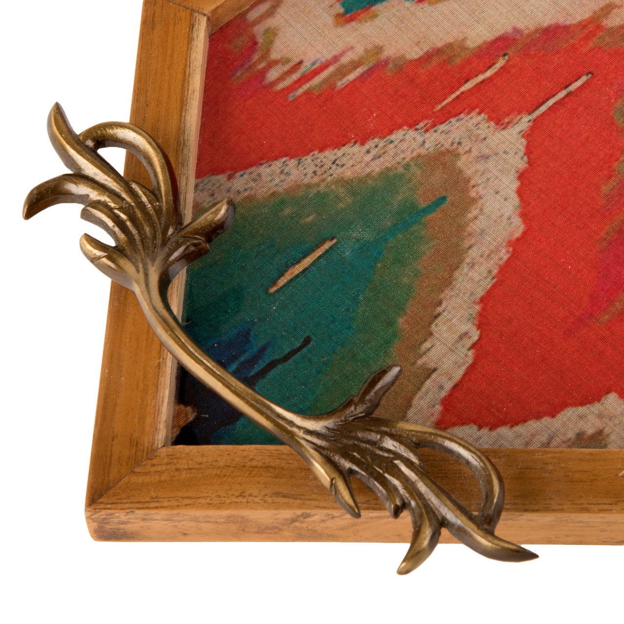 A Tiny Mistake Vibrant Ikat Print Diamond Shaped Teak Serving Tray with Brass Handle, Tray for Serving Tea and Snacks, 49 x 20 x 2 cm