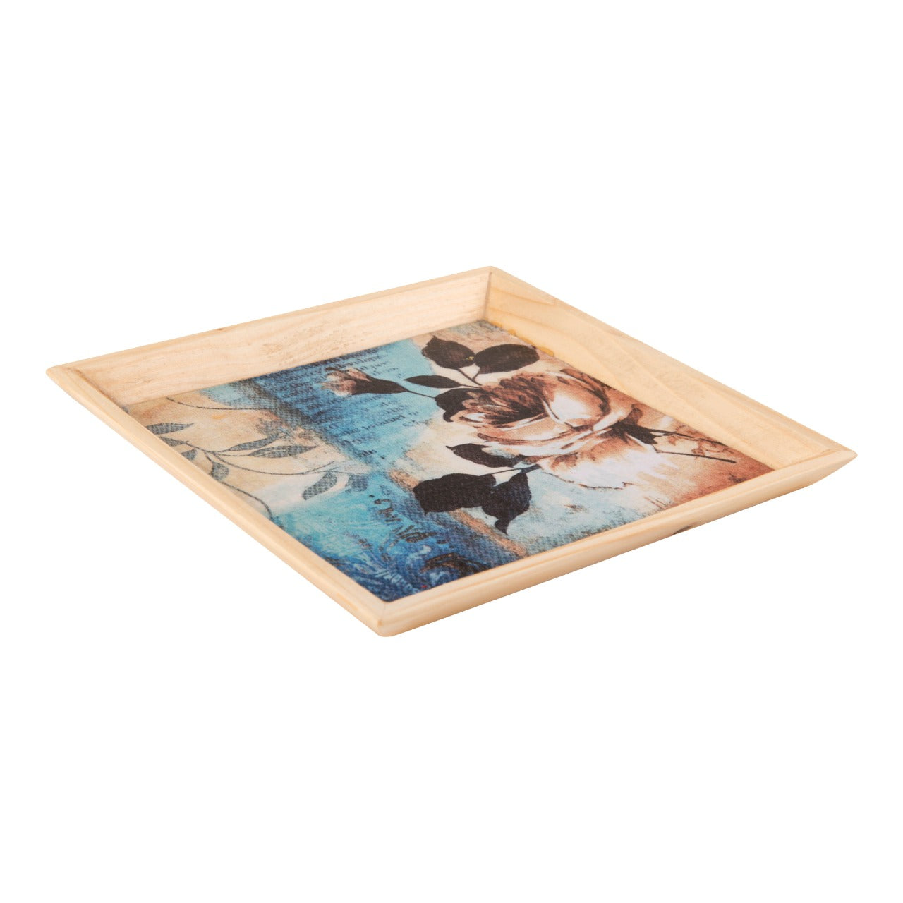A Tiny Mistake Blue Floral Pattern Wooden Serving Tray, 18cm x 18cm x 2cm