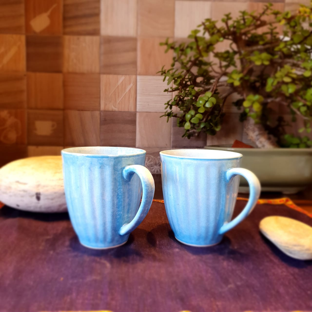 Pastel Blue Stripes Pattern Ceramic Mugs, Set of 2, Coffee and Tea Mugs, Soup Mugs 340 Ml Each