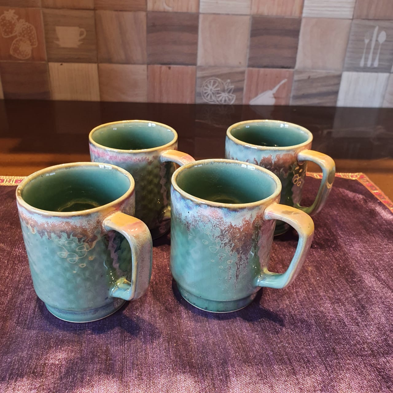 Turquoise Ceramic Mugs with Yellow and Pink Tints, Set of 4, Coffee and Tea Mugs, Soup Mugs 170 Ml Each, Set of 4 Tea Cups