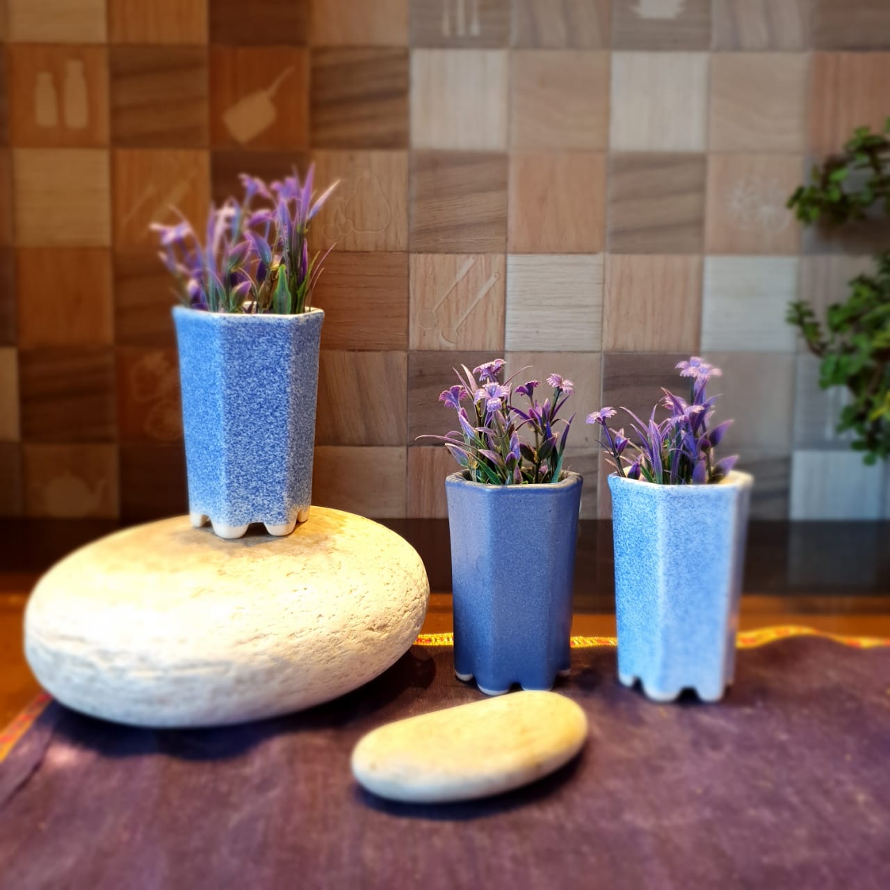 Blue Plain and Dotted Miniature Planters Set of 3 Ceramic Planter, Outdoor and Indoor Planter, Ceramic Planter for Real Plants, Desk Planters, 6 x 6 x 10 cm