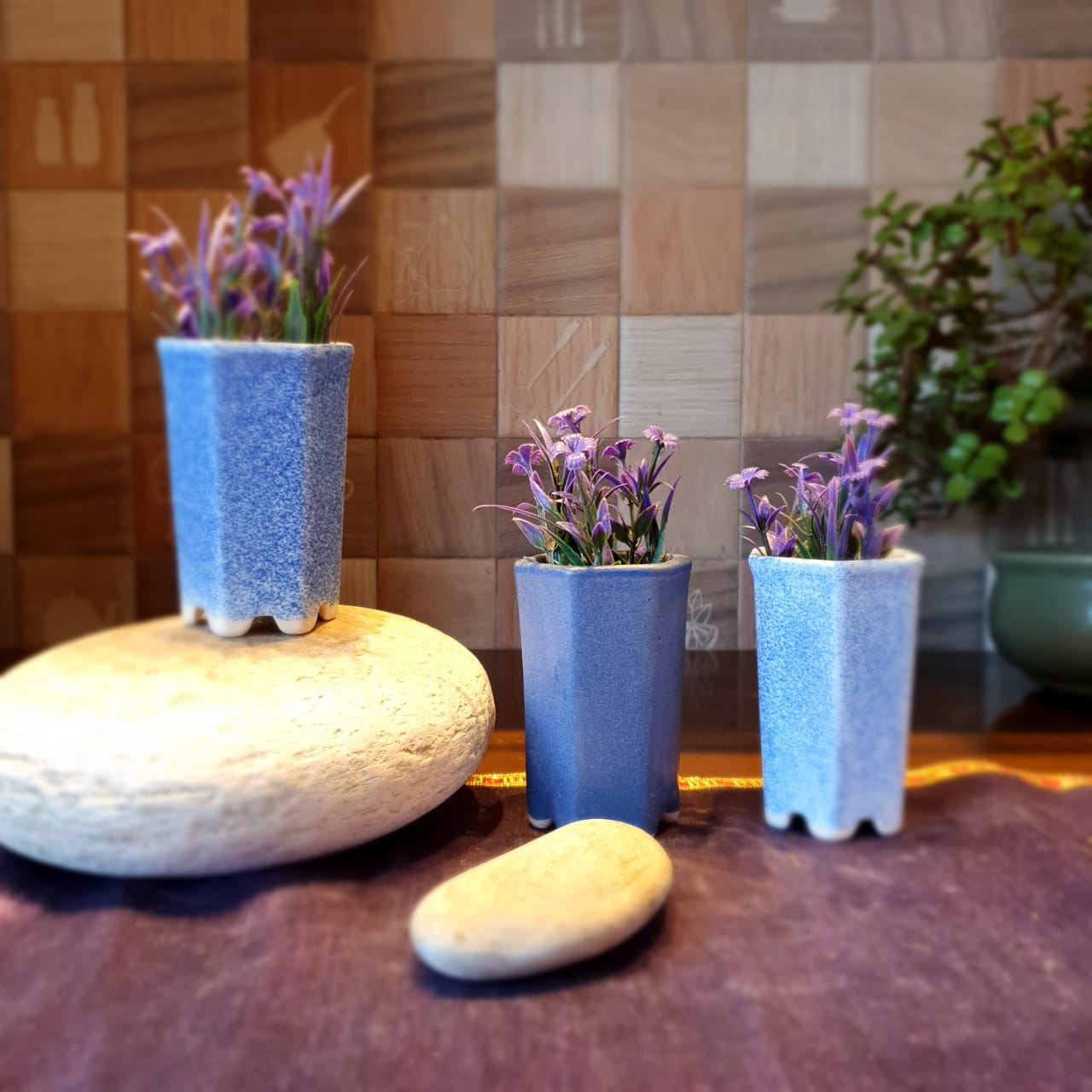 Blue Plain and Dotted Miniature Planters Set of 3 Ceramic Planter, Outdoor and Indoor Planter, Ceramic Planter for Real Plants, Desk Planters, 6 x 6 x 10 cm