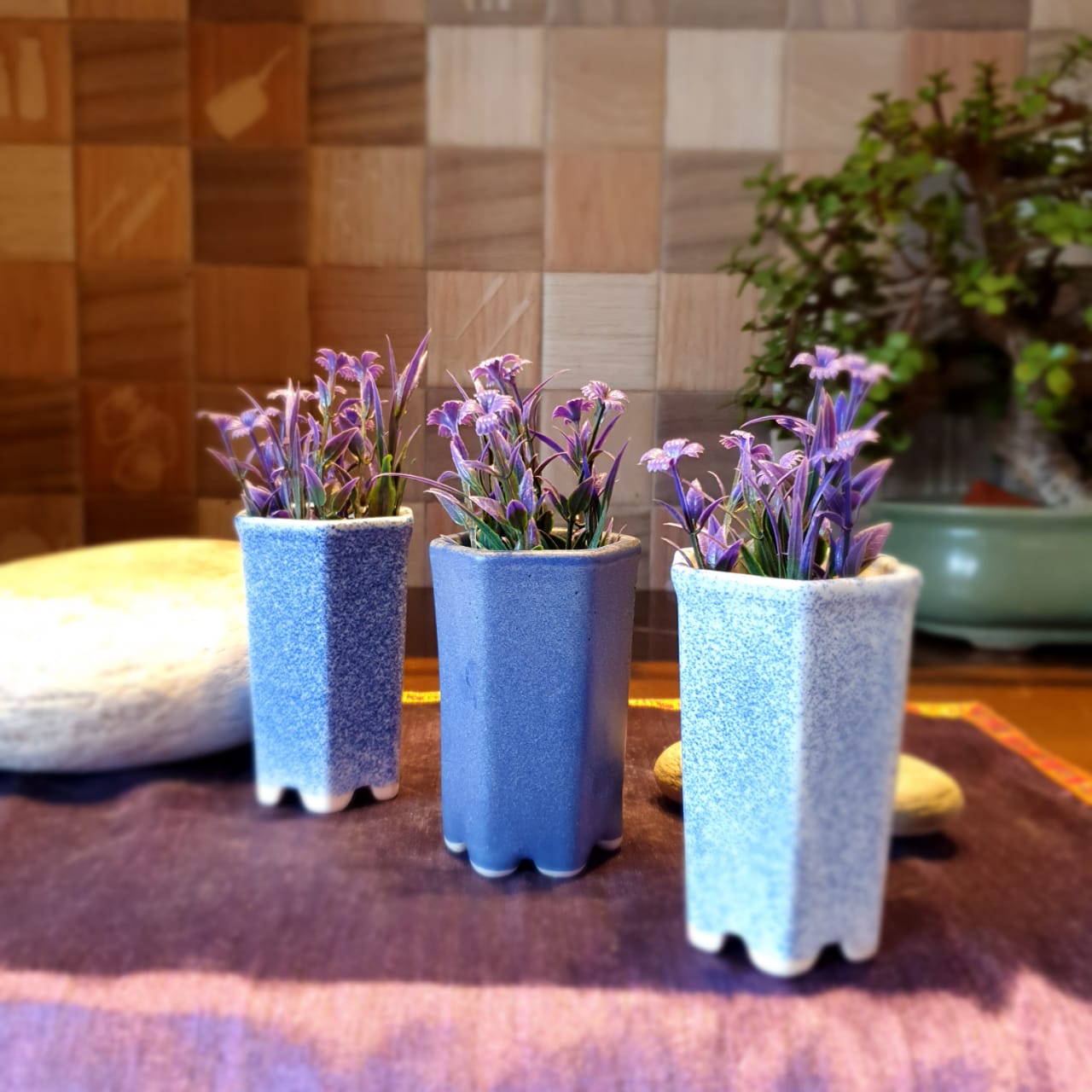 Blue Plain and Dotted Miniature Planters Set of 3 Ceramic Planter, Outdoor and Indoor Planter, Ceramic Planter for Real Plants, Desk Planters, 6 x 6 x 10 cm