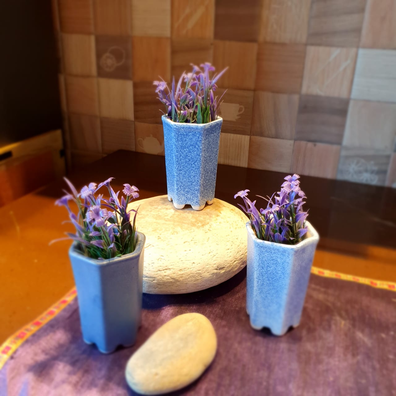 Blue Plain and Dotted Miniature Planters Set of 3 Ceramic Planter, Outdoor and Indoor Planter, Ceramic Planter for Real Plants, Desk Planters, 6 x 6 x 10 cm