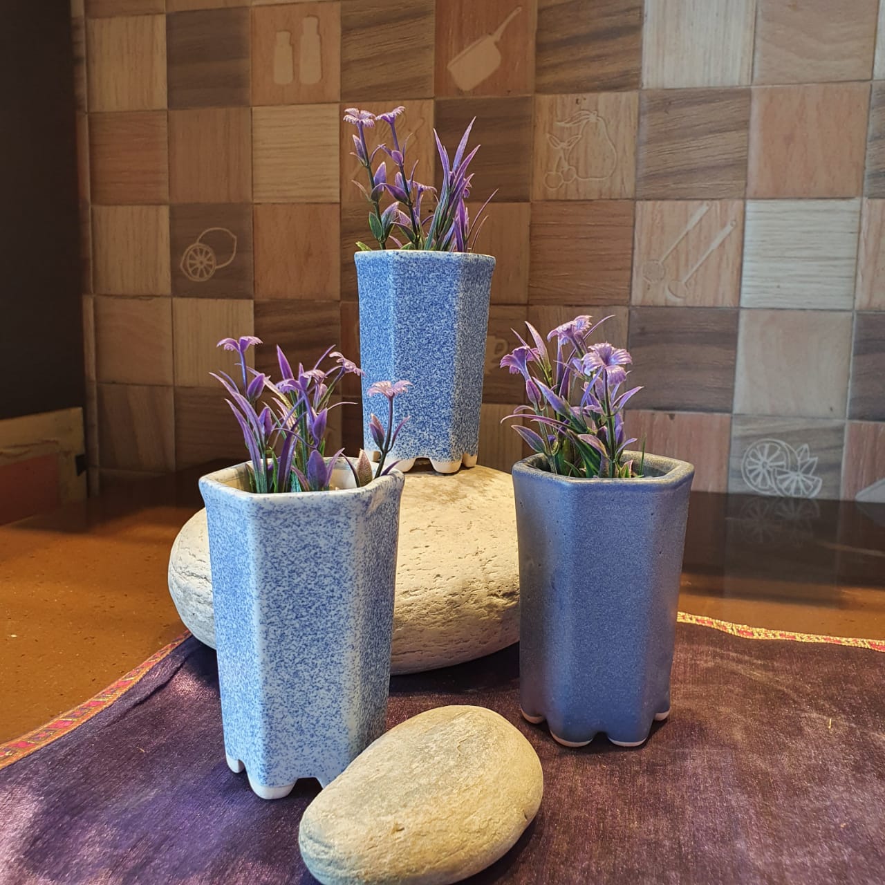Blue Plain and Dotted Miniature Planters Set of 3 Ceramic Planter, Outdoor and Indoor Planter, Ceramic Planter for Real Plants, Desk Planters, 6 x 6 x 10 cm