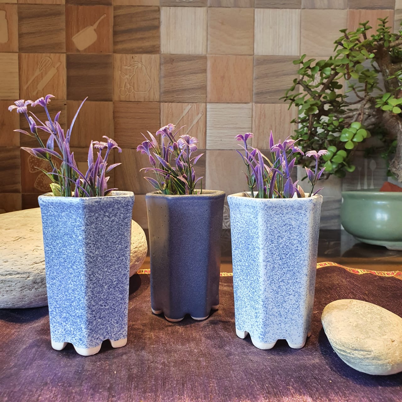 Blue Plain and Dotted Miniature Planters Set of 3 Ceramic Planter, Outdoor and Indoor Planter, Ceramic Planter for Real Plants, Desk Planters, 6 x 6 x 10 cm