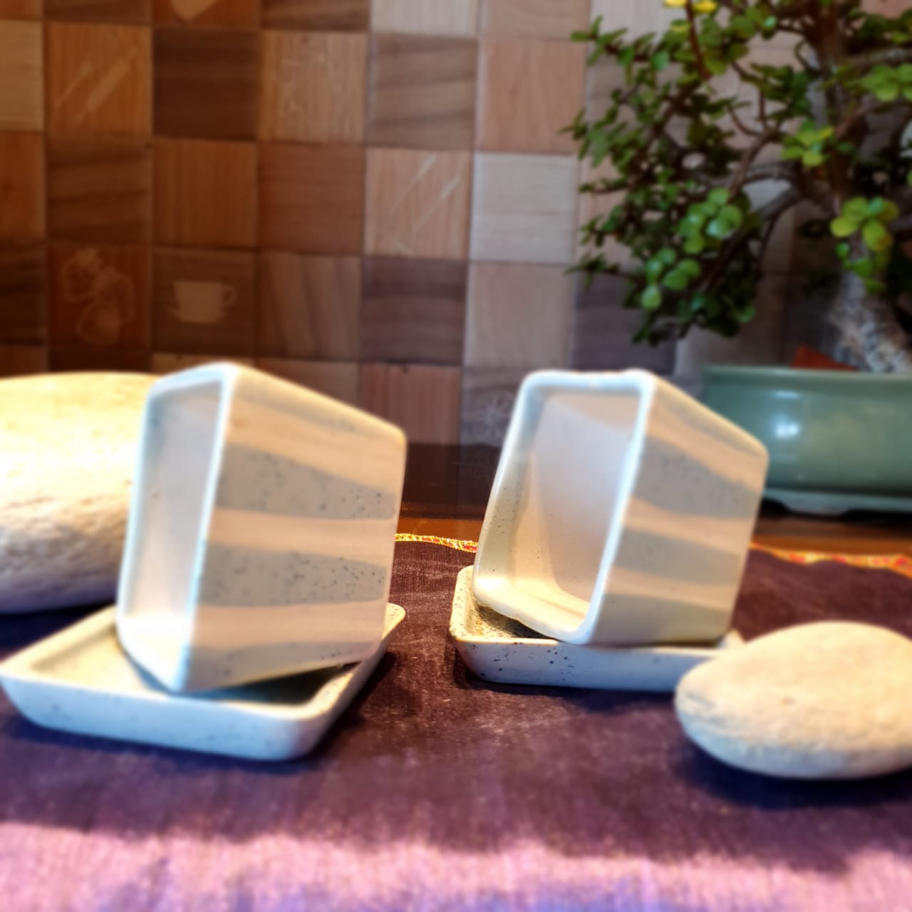 Pastel Coloured and White Coloured Stripes Square Shape Planter with Plate (Set of 2), Outdoor and Indoor Planter, Ceramic Planter for Real Plants (Blue and White)
