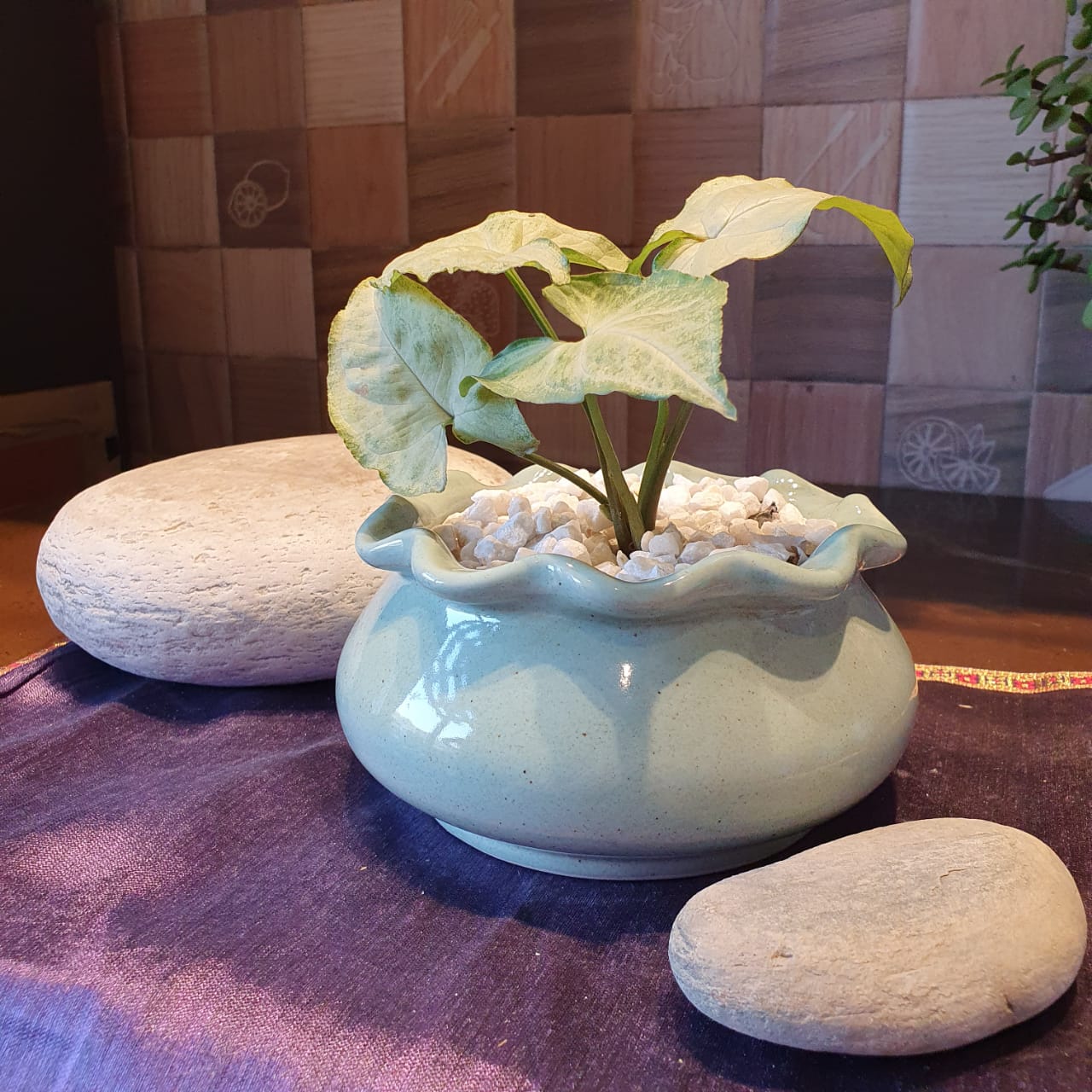 Elegant Floral Round Ceramic Planter, Outdoor and Indoor Planter, Ceramic Planter for Real Plants, 14.5 x 14.5 x 13.5 cm (Teal)